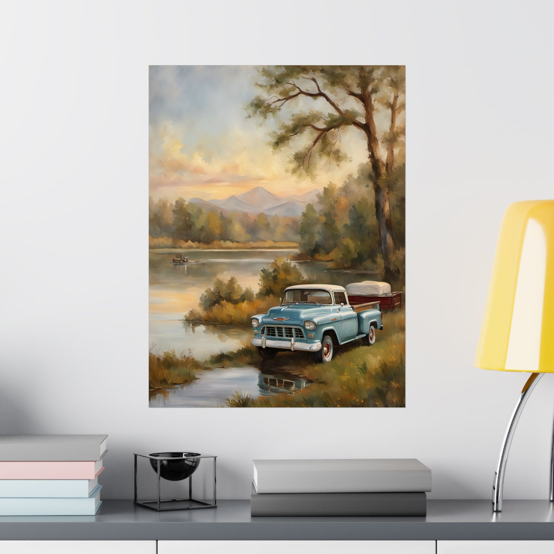 Nostalgic Truck Landscape Art featuring a classic truck by a serene lake with mountains in the background