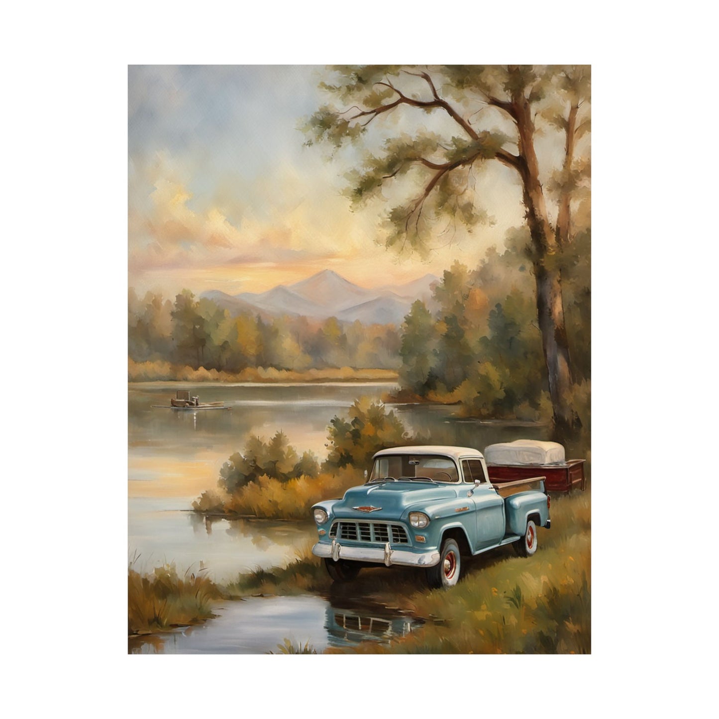 Vintage Truck Landscape Art featuring a classic truck by a serene lake at sunset