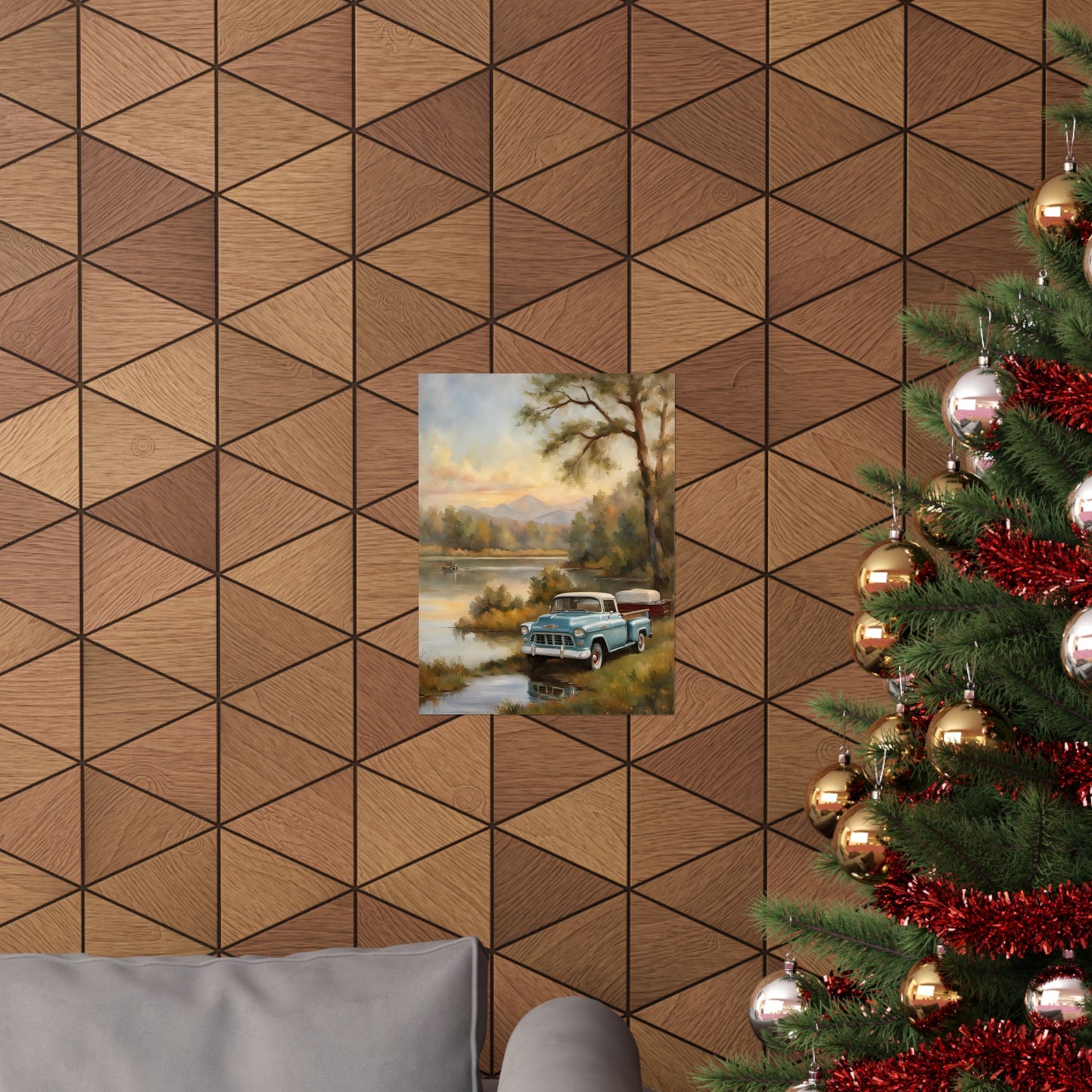 Vintage Truck Landscape Art poster displayed on a geometric patterned wall with holiday decor