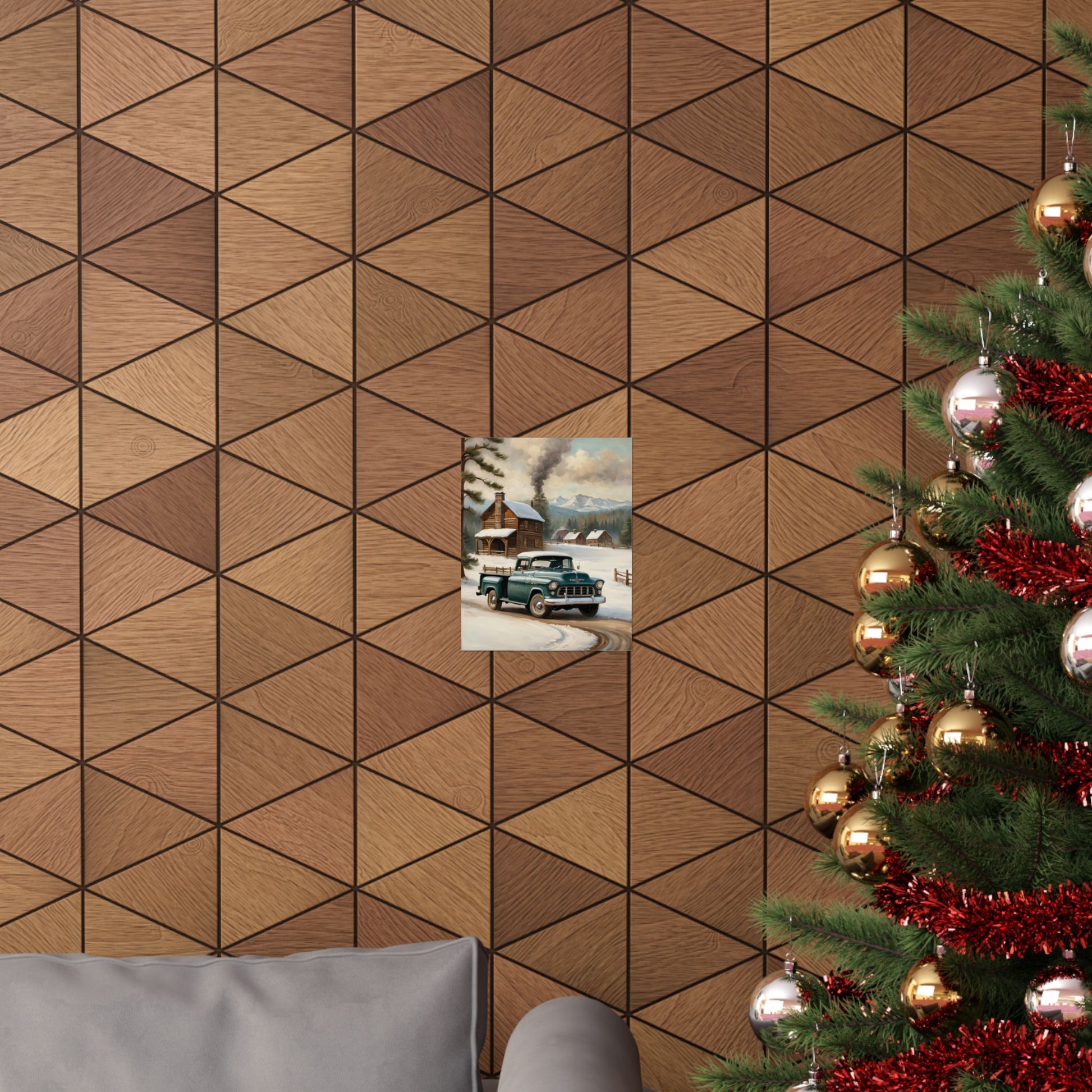 Vintage Truck Wall Art Poster displayed on a wooden-patterned wall with a Christmas tree in the foreground