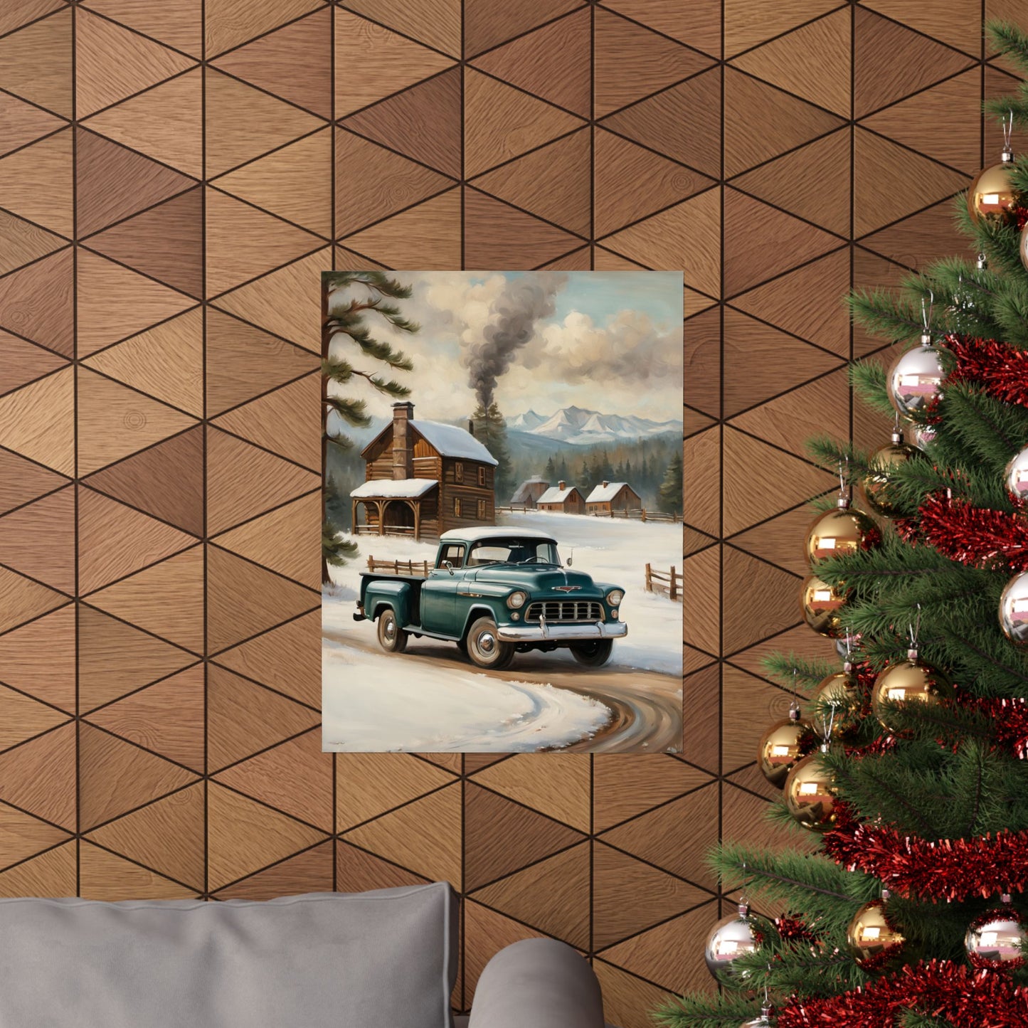 Vintage Truck Wall Art Poster featuring a classic truck near a cabin surrounded by mountains