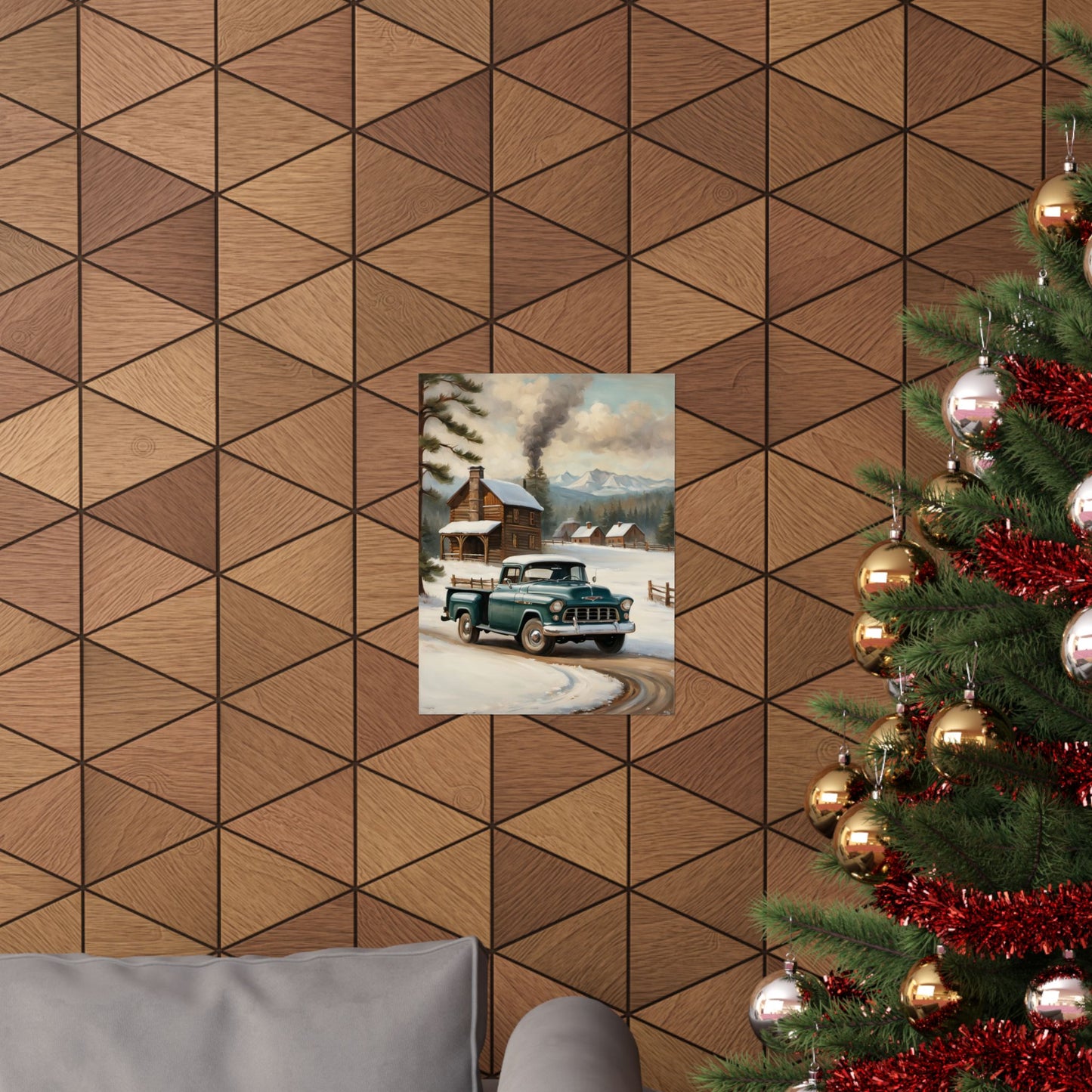 Vintage Truck Wall Art Poster featuring a classic truck in a snowy mountain setting