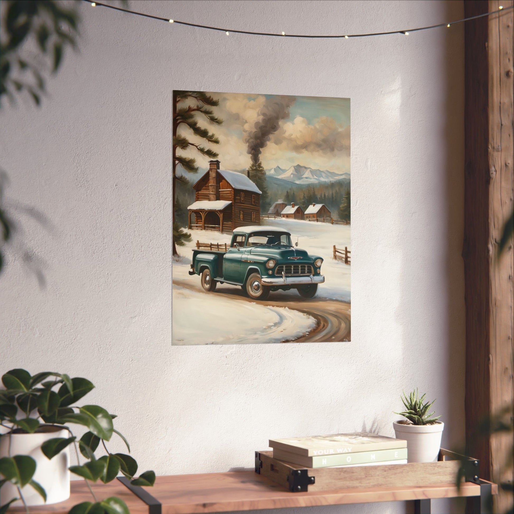Vintage Truck Wall Art Poster featuring a old truck in a snowy landscape with a cozy cabin