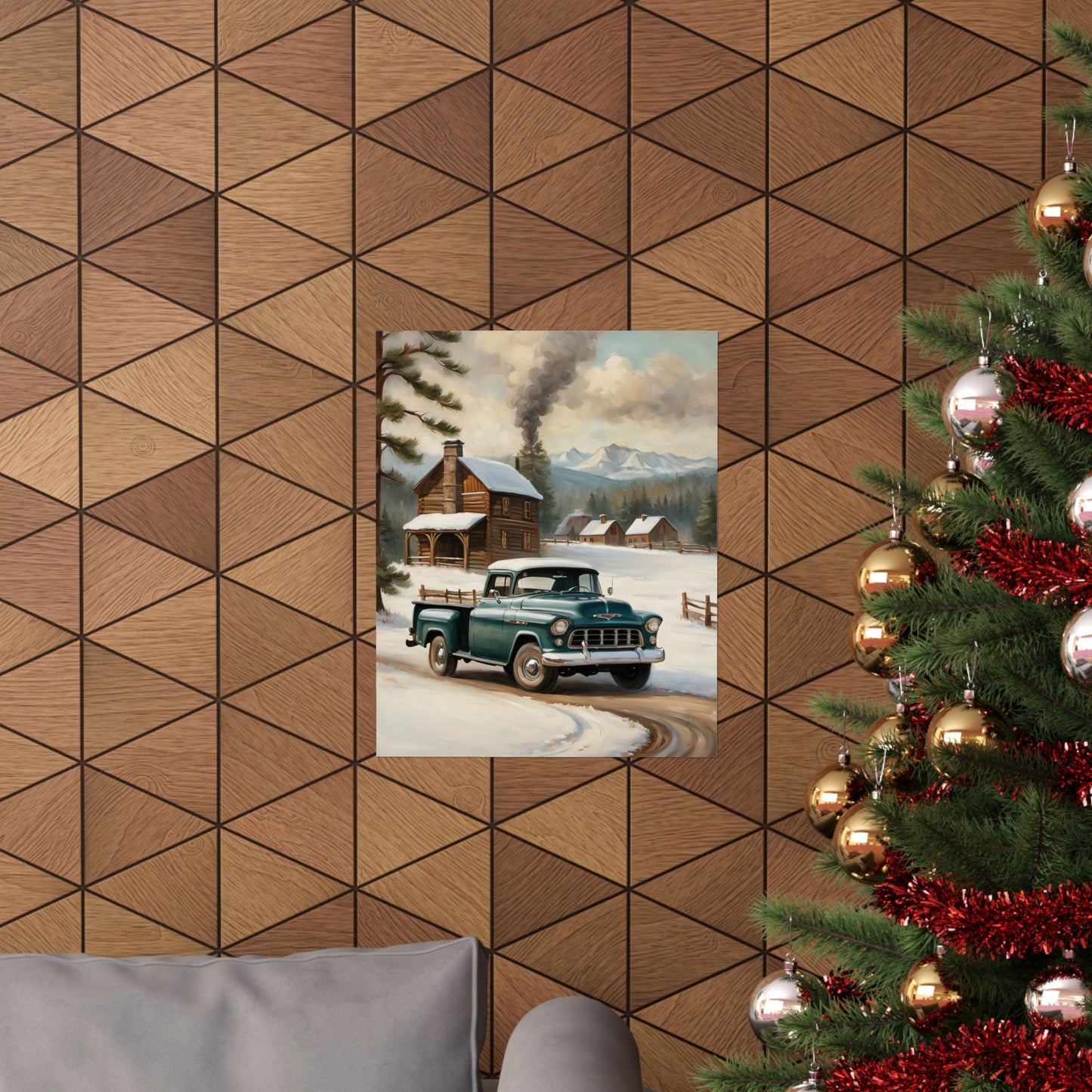Vintage Truck Wall Art Poster featuring a classic truck in a snowy landscape on a wooden wall