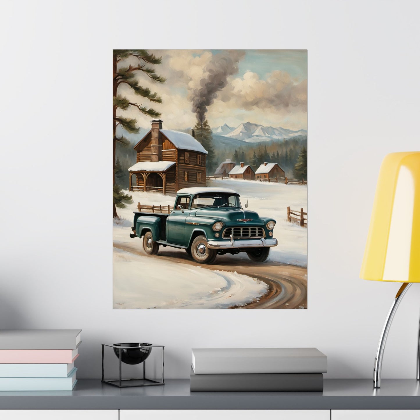 Vintage Truck Wall Art Poster featuring a classic truck in a snowy landscape with a cozy cabin