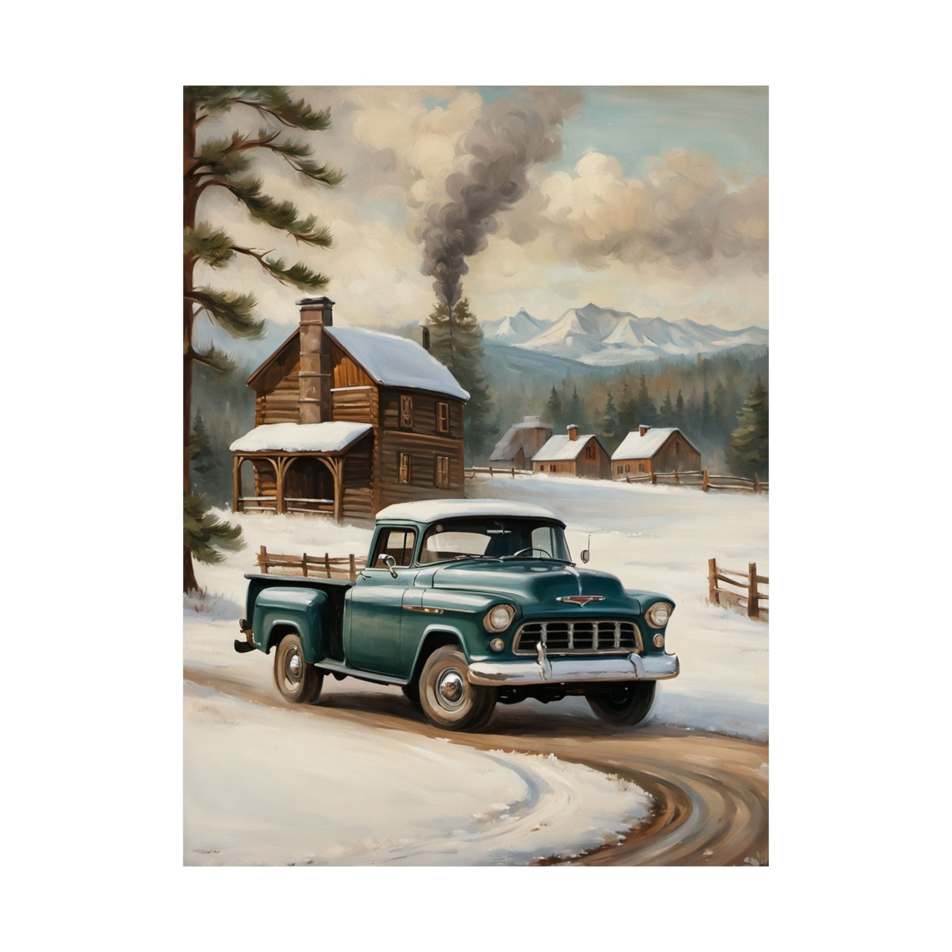 Vintage Truck Wall Art Poster featuring a green truck in a snowy landscape with a cabin