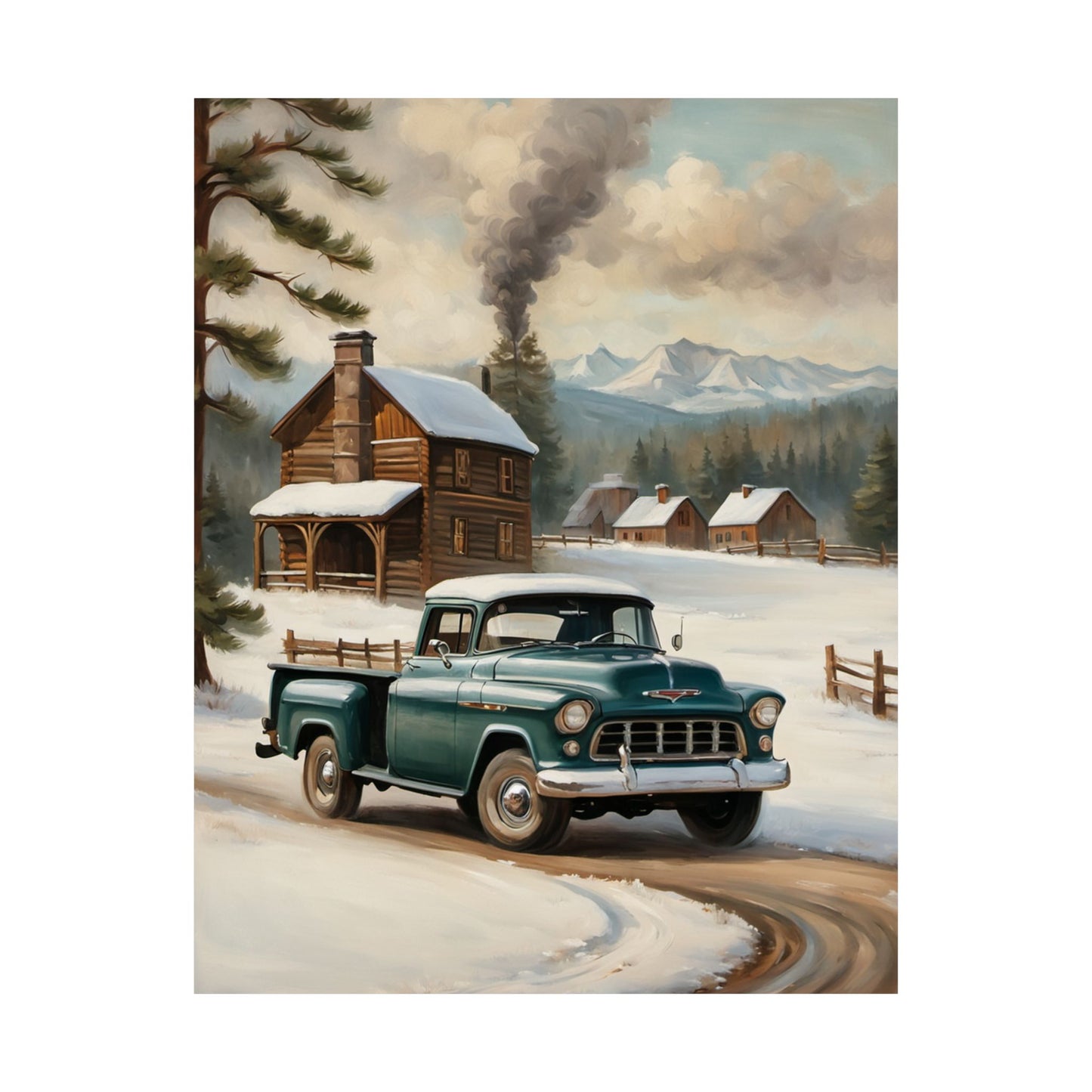 Vintage Truck Wall Art Poster featuring a classic green truck in a snowy landscape with mountains