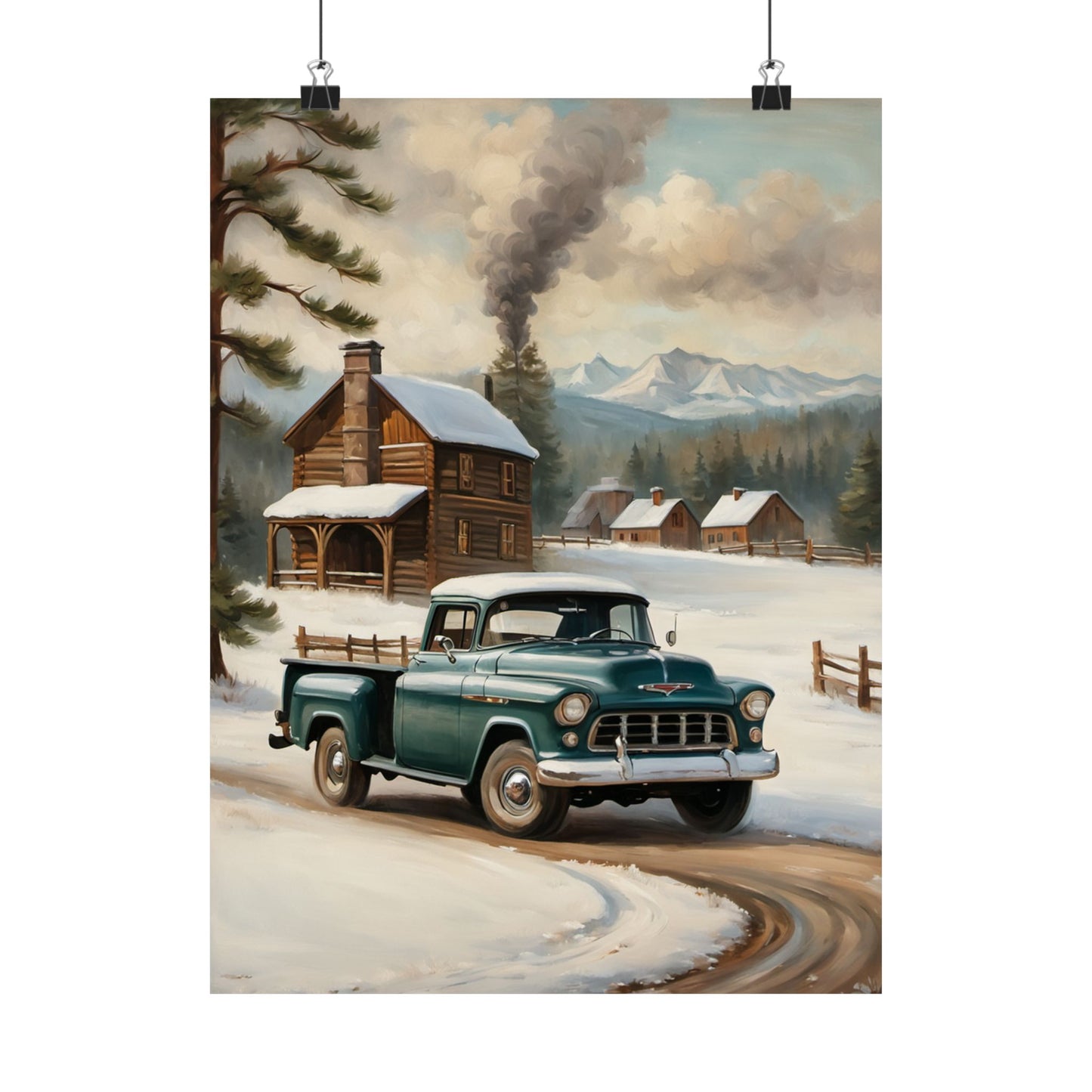Vintage Truck Wall Art Poster featuring a classic truck in a snowy landscape with a log cabin