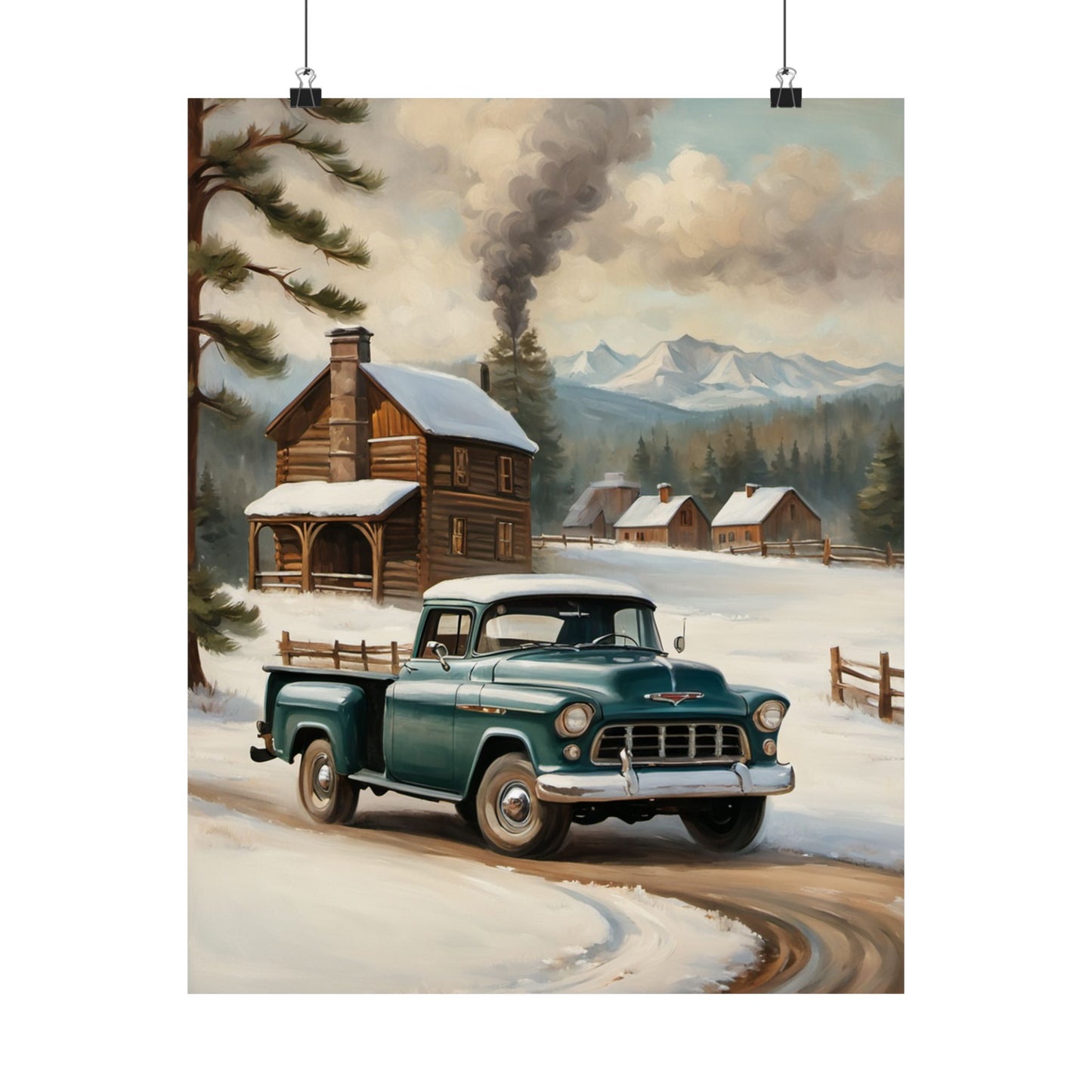 Vintage Truck Wall Art Poster featuring a classic truck in a snowy landscape with a mountain backdrop