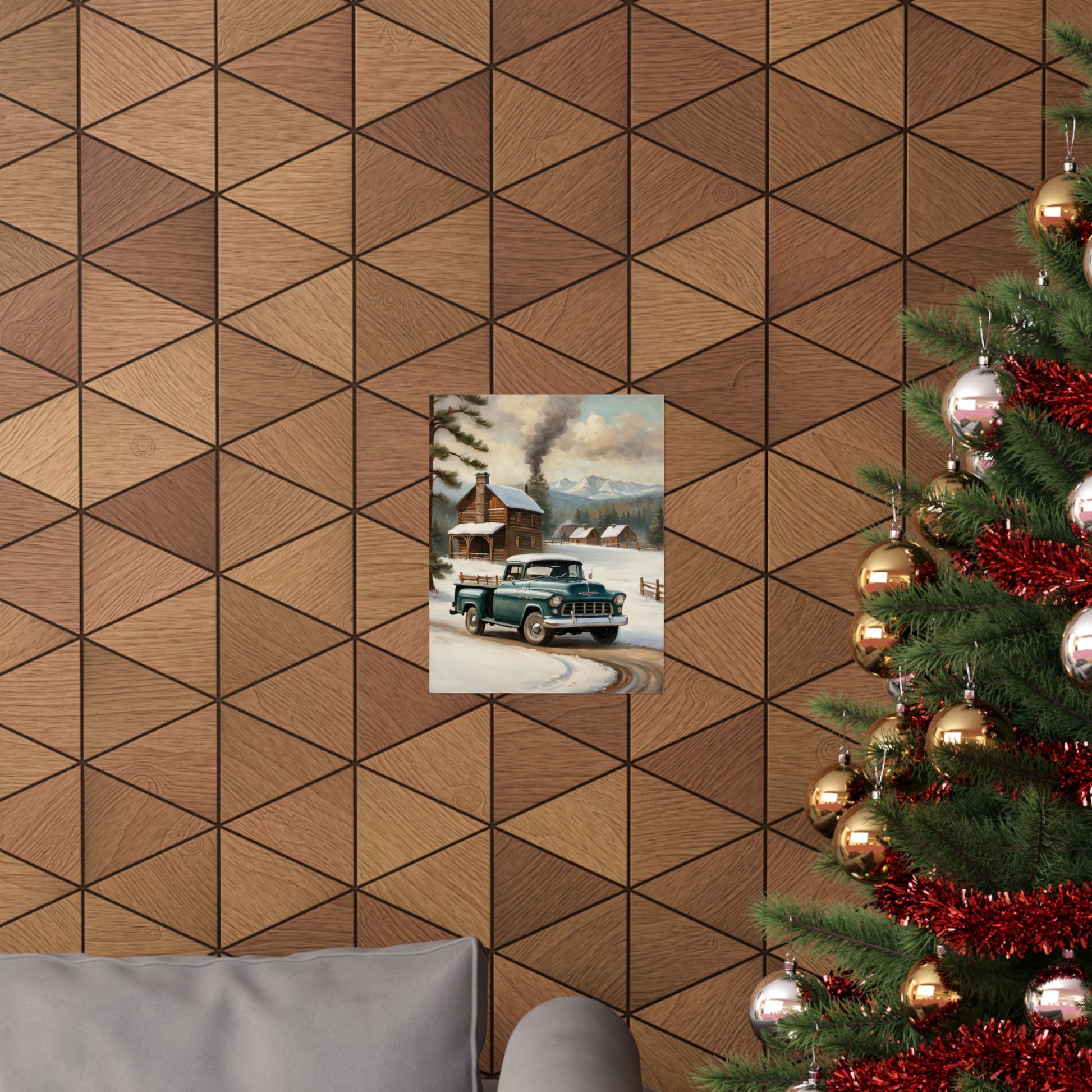 Vintage Truck Wall Art Poster featuring a classic truck in a snowy landscape on an artistic wall design