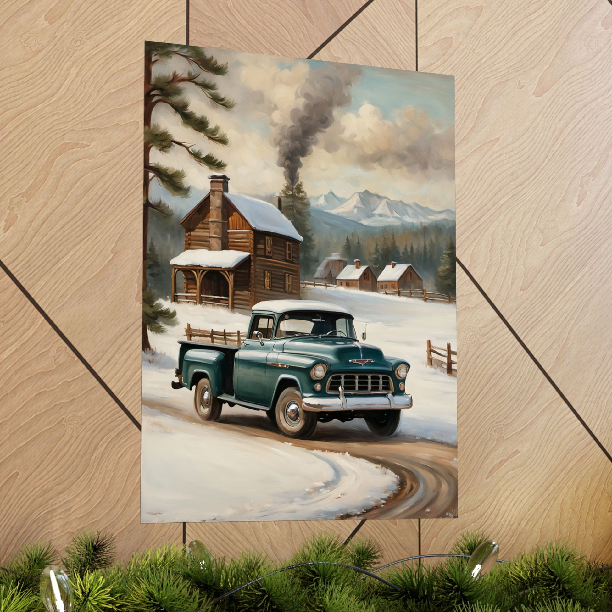 Vintage Truck Wall Art Poster featuring a classic truck in a snowy landscape with a cabin