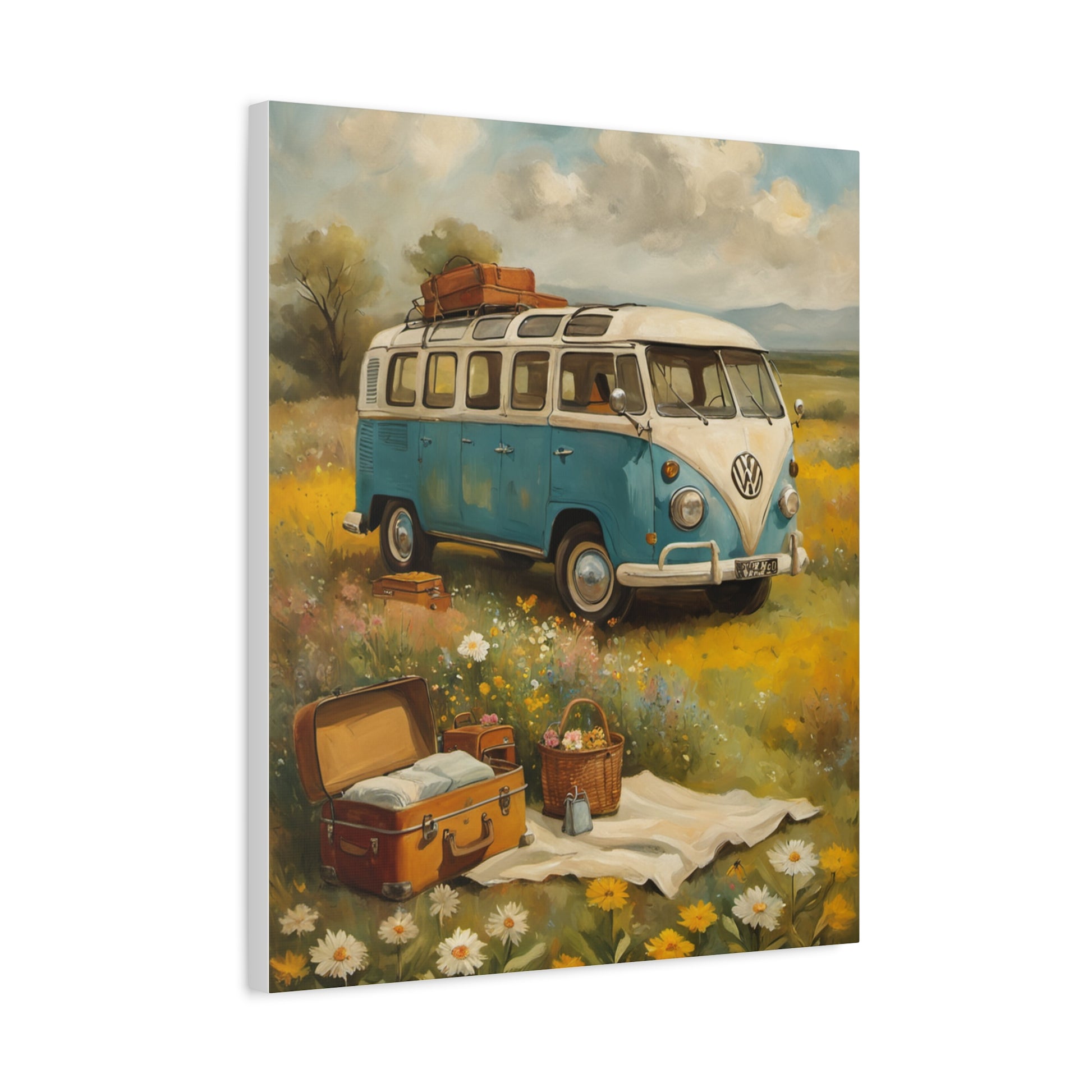 Vintage Van Bus Canvas Print featuring a classic blue Volkswagen bus in a flower meadow