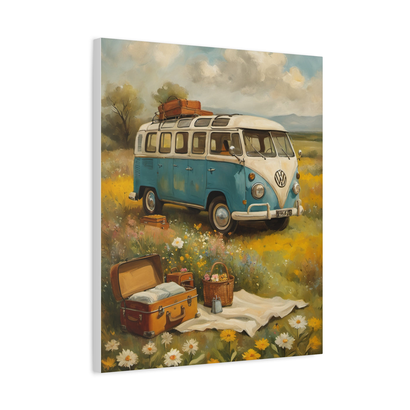 Vintage Van Bus Canvas Print featuring a classic blue Volkswagen bus in a flower meadow