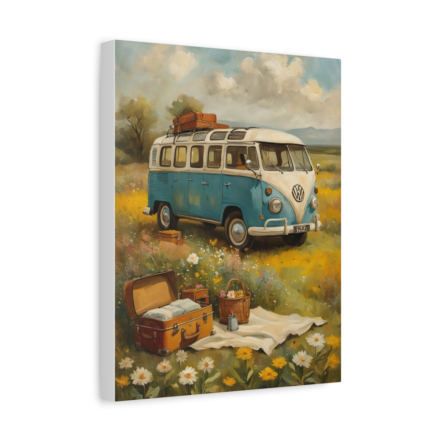 Vintage Van Bus Canvas Print featuring a classic blue van in a scenic field with picnic supplies