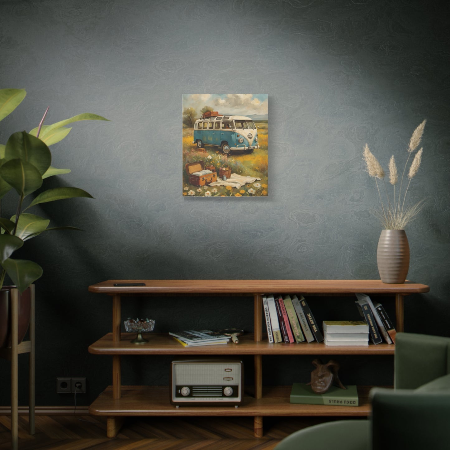 Vintage Van Bus Canvas Print displayed on a stylish living room wall with decorative plants and furniture