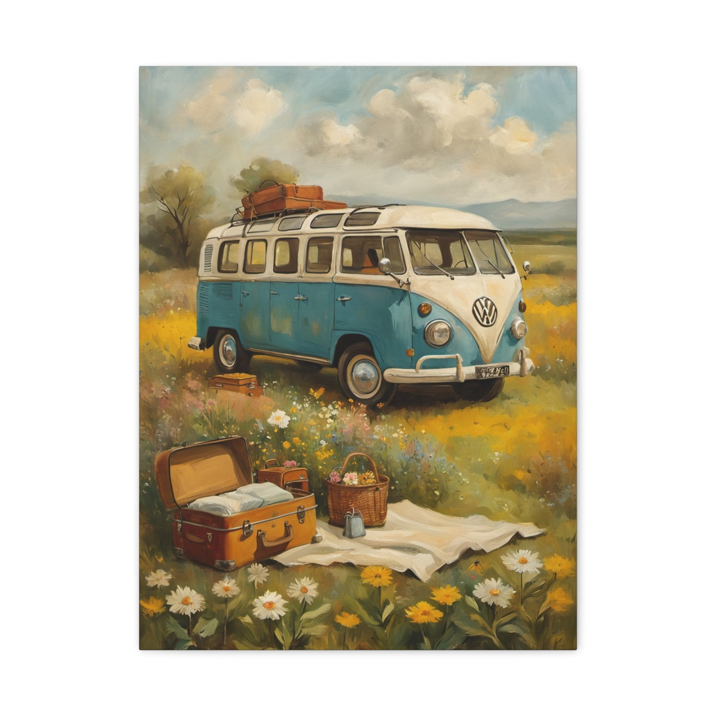 Vintage Van Bus Canvas Print featuring a blue and white Volkswagen bus in a sunny field with flowers