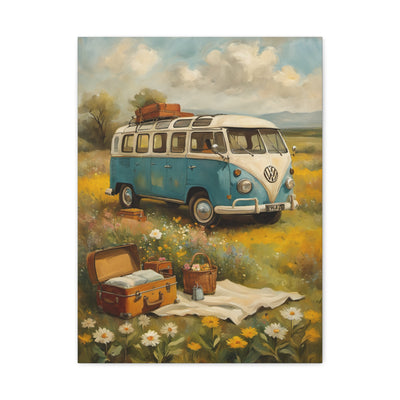 Vintage Van Bus Canvas Print featuring a blue and white Volkswagen bus in a sunny field with flowers