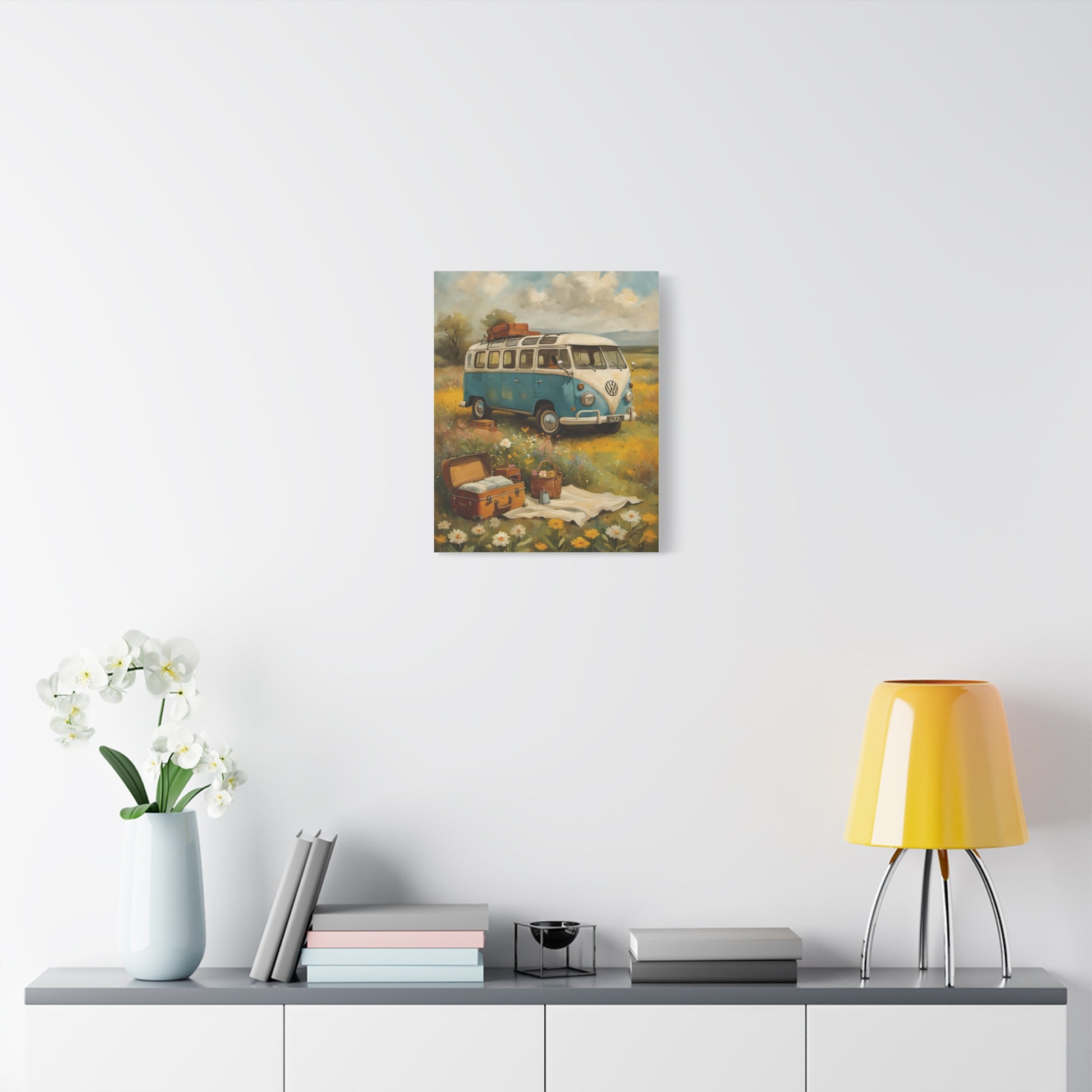 Vintage Van Bus Canvas Print showcasing a retro van in a scenic landscape with decorative items