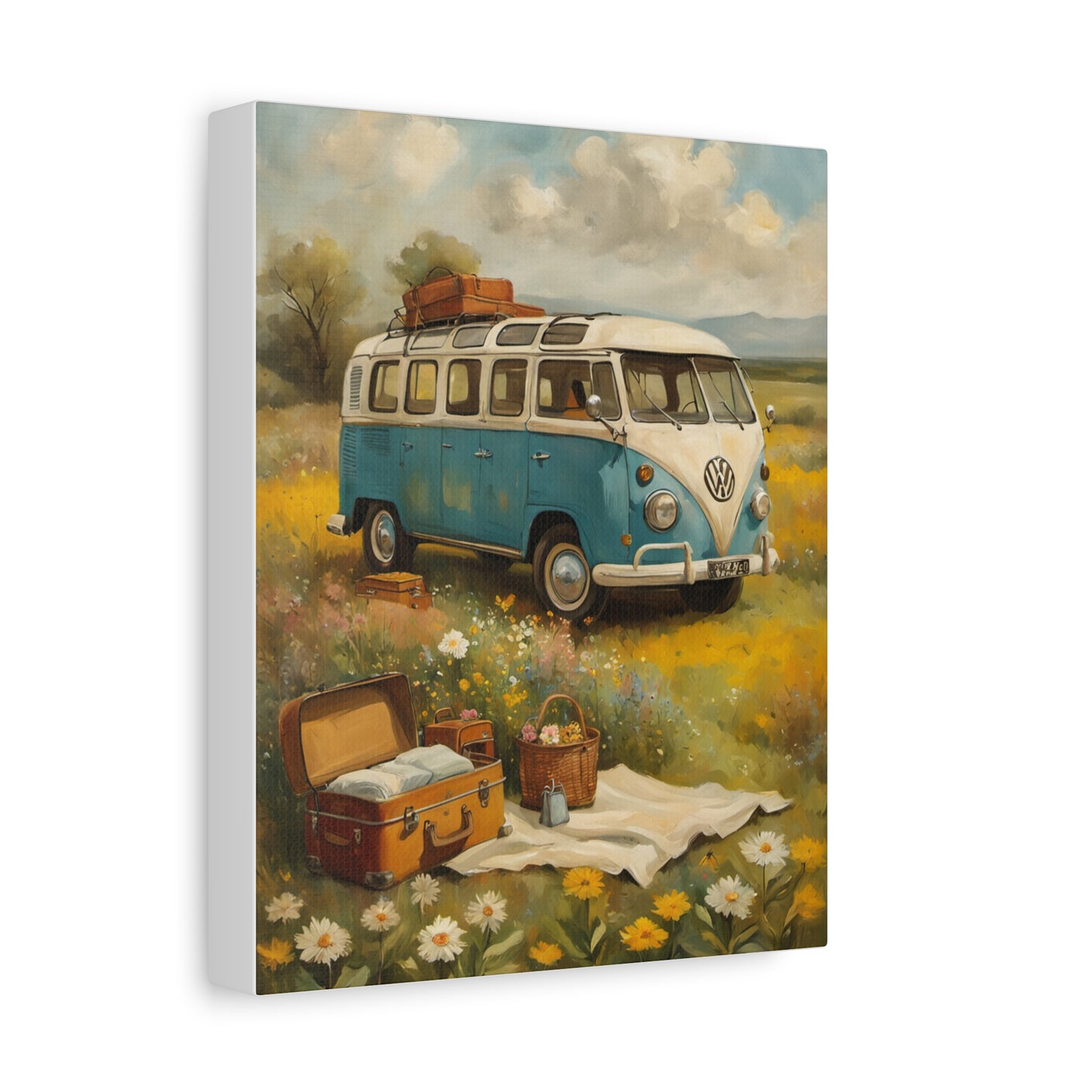 Vintage Van Bus Canvas Print featuring a blue and white VW van in a flower field with picnic items