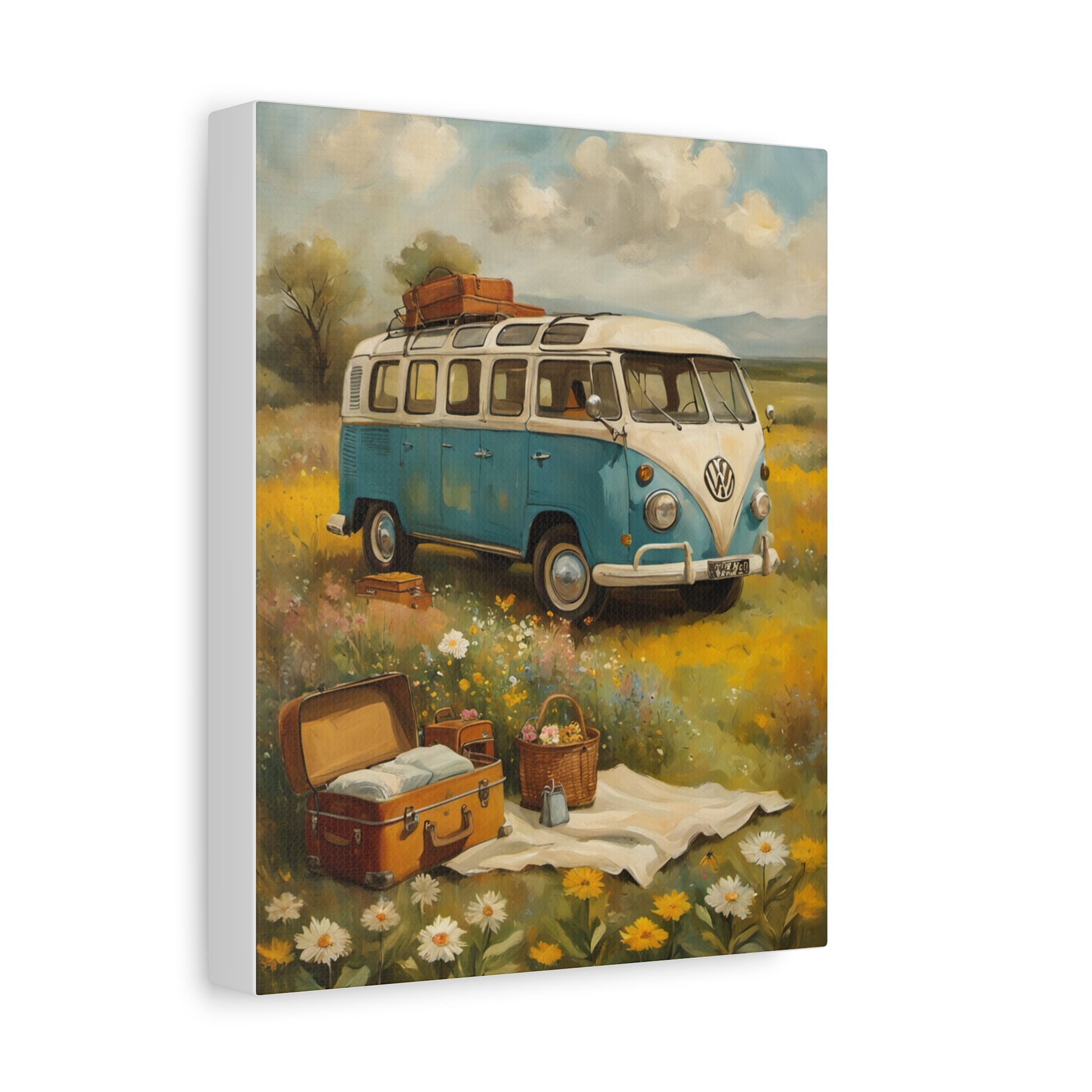 Vintage Van Bus Canvas Print featuring a blue and white VW van in a flower field with picnic items