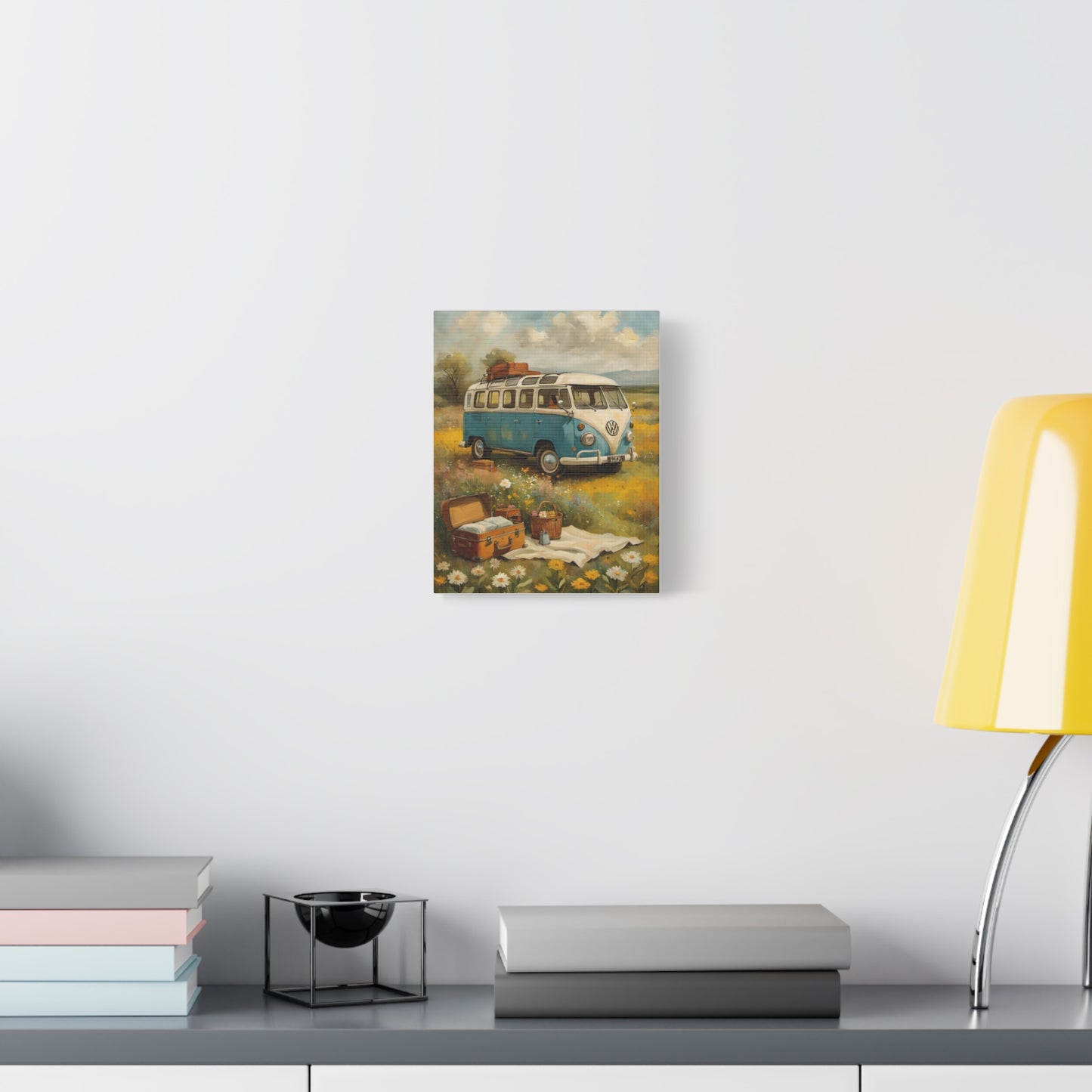 Vintage Van Bus Canvas Print featuring a classic blue van parked in a scenic field
