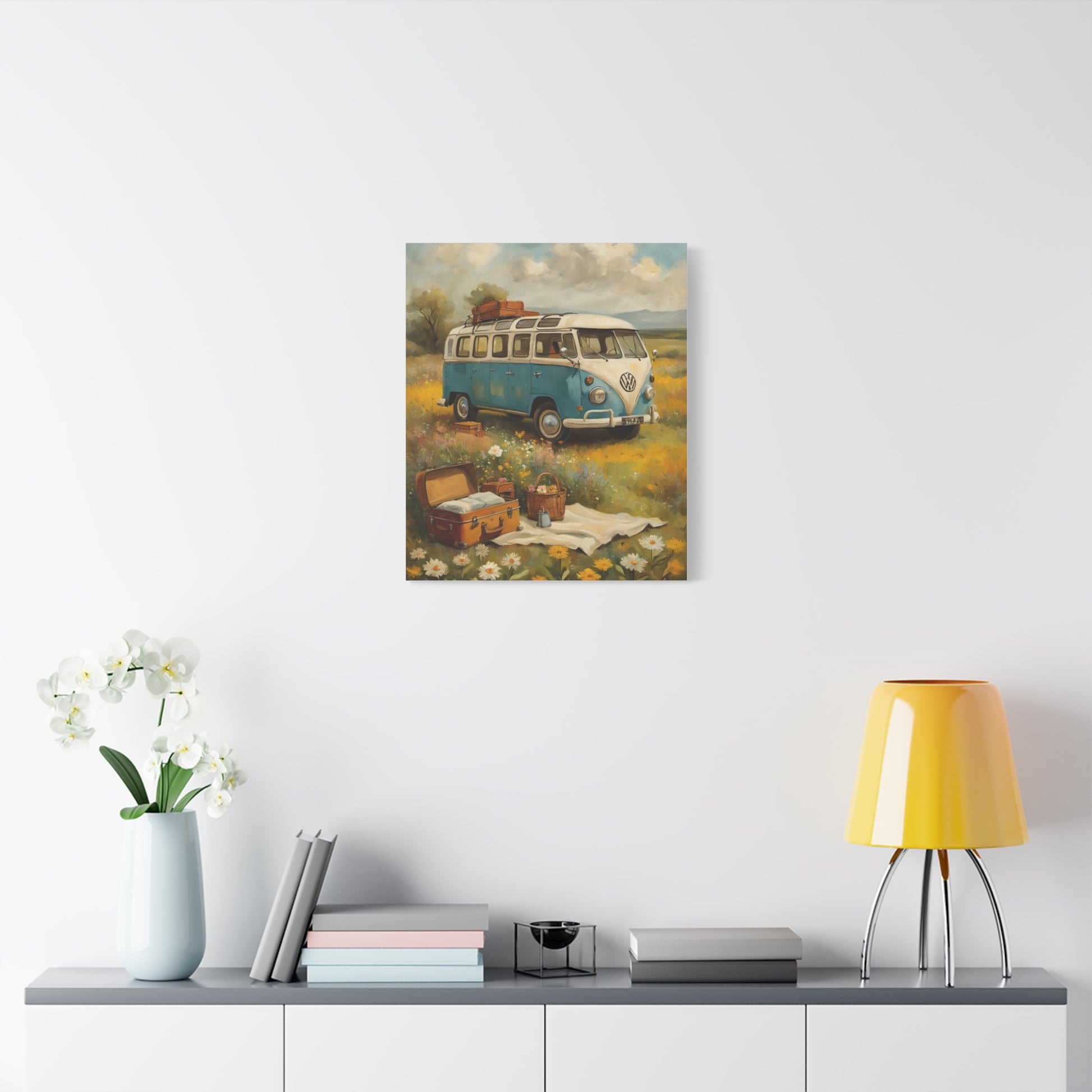 Vintage Van Bus Canvas Print featuring a classic blue van in a scenic field setting