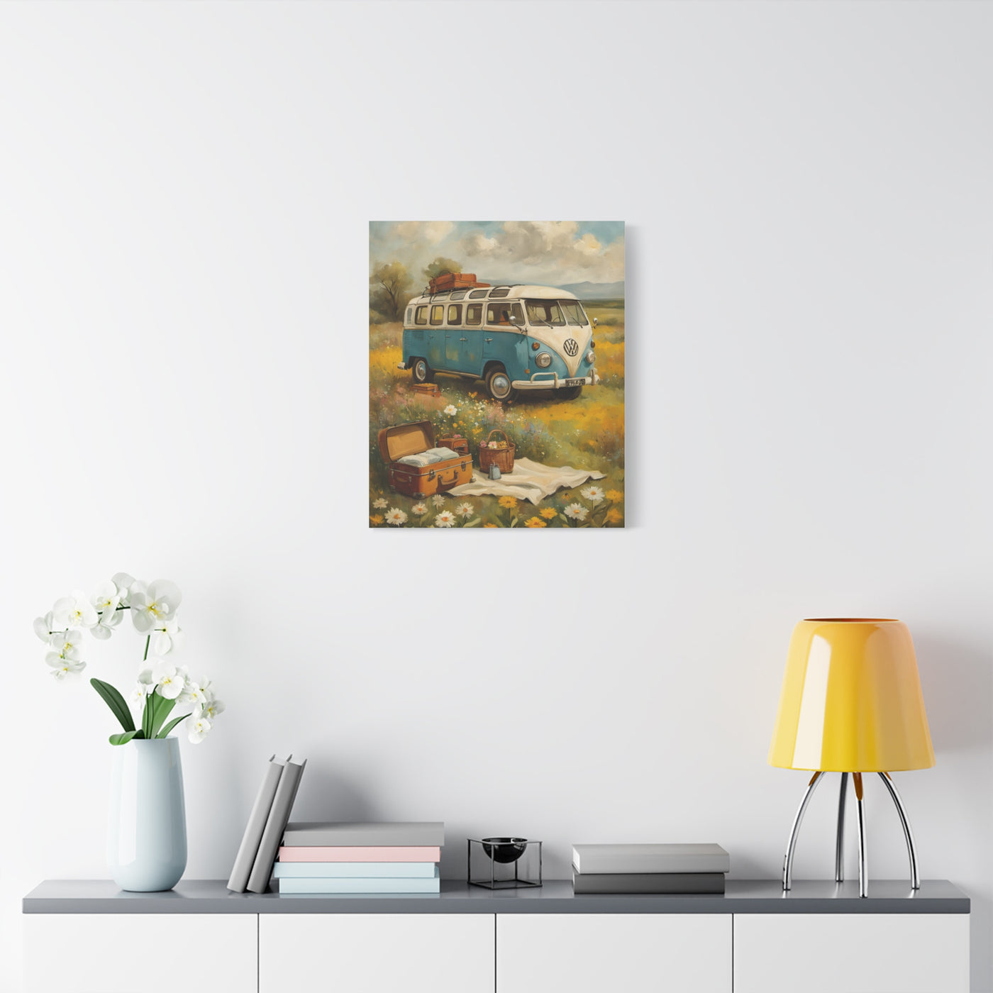 Vintage Van Bus Canvas Print featuring a classic blue van in a scenic field setting