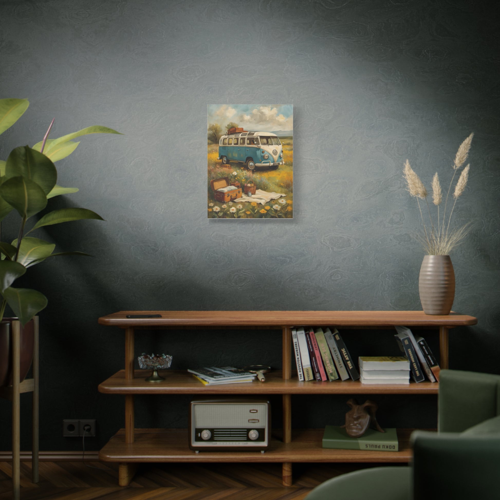 Vintage Van Bus Canvas Print featuring a retro van with a scenic background on a living room wall
