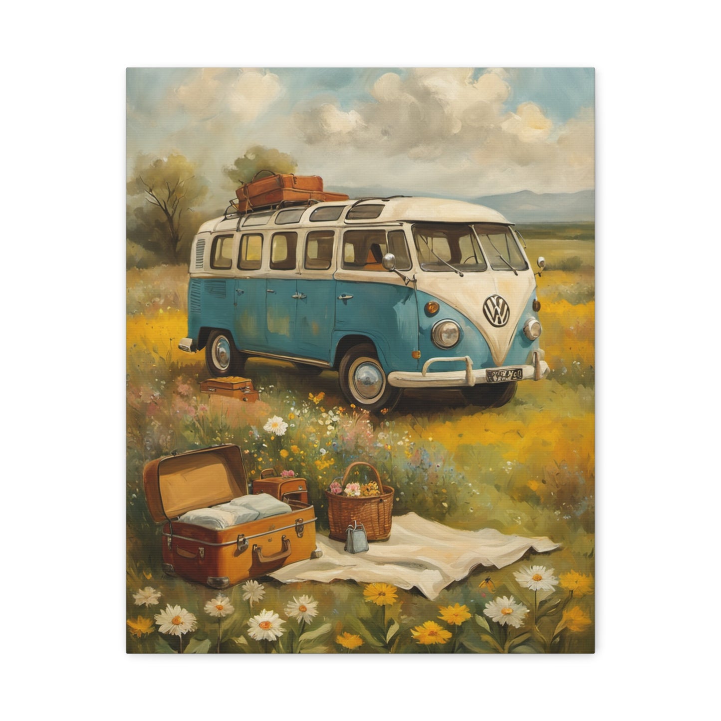 Vintage Van Bus Canvas Print featuring a classic VW bus in a scenic field with picnic setup
