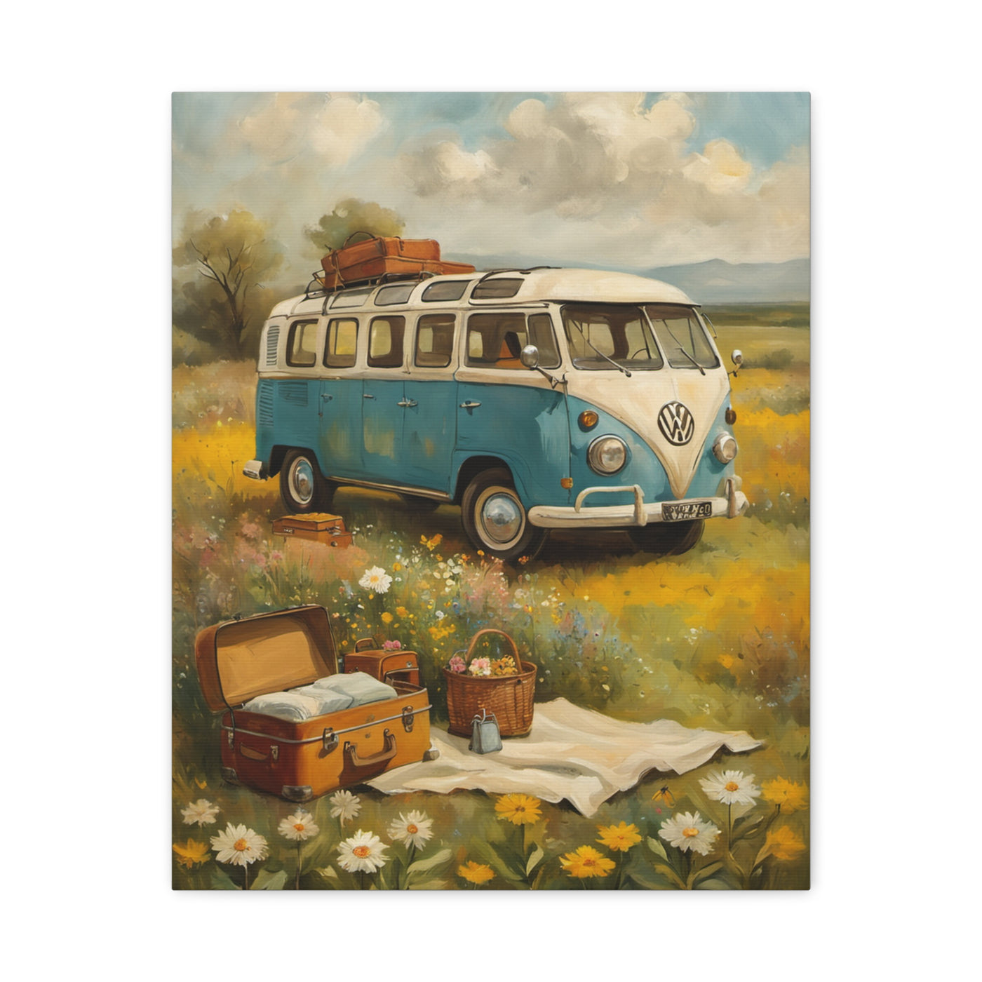Vintage Van Bus Canvas Print featuring a classic VW bus in a scenic field with picnic setup