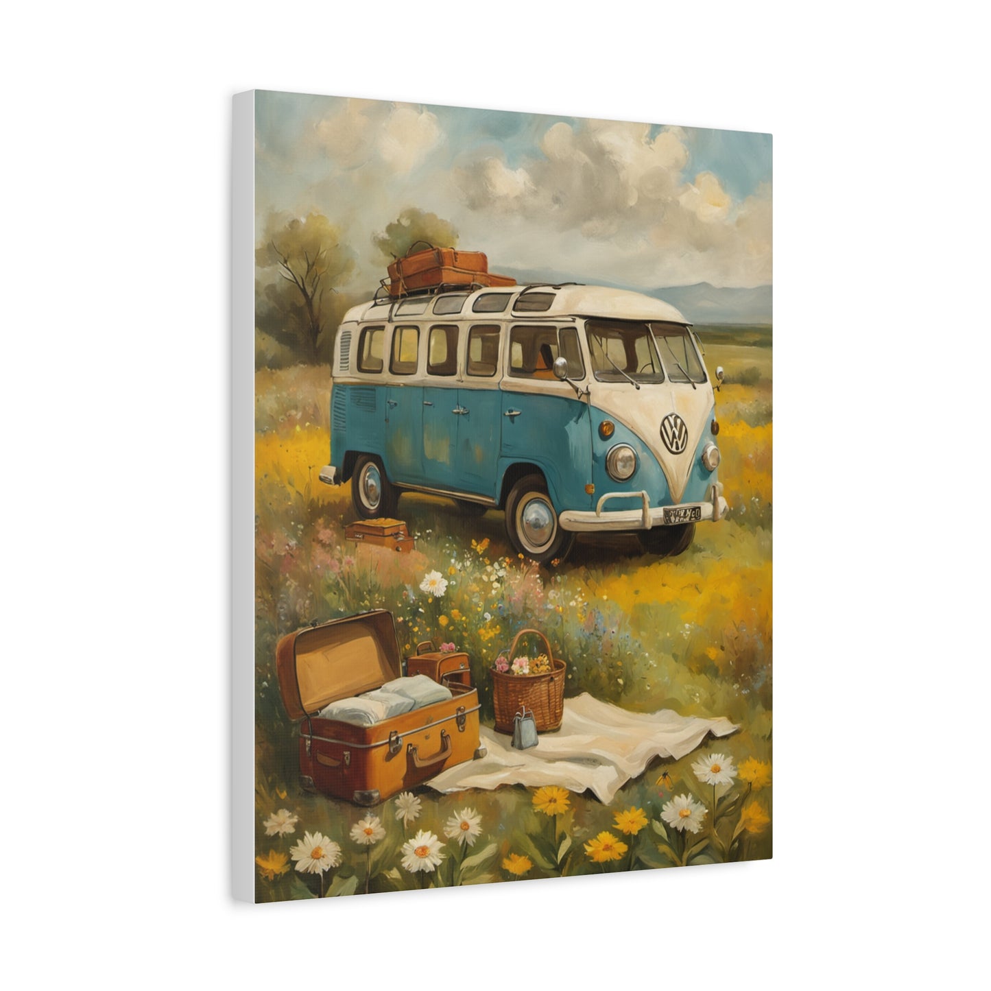 Vintage Van Bus Canvas Print featuring a classic blue van in a floral field with picnic setup