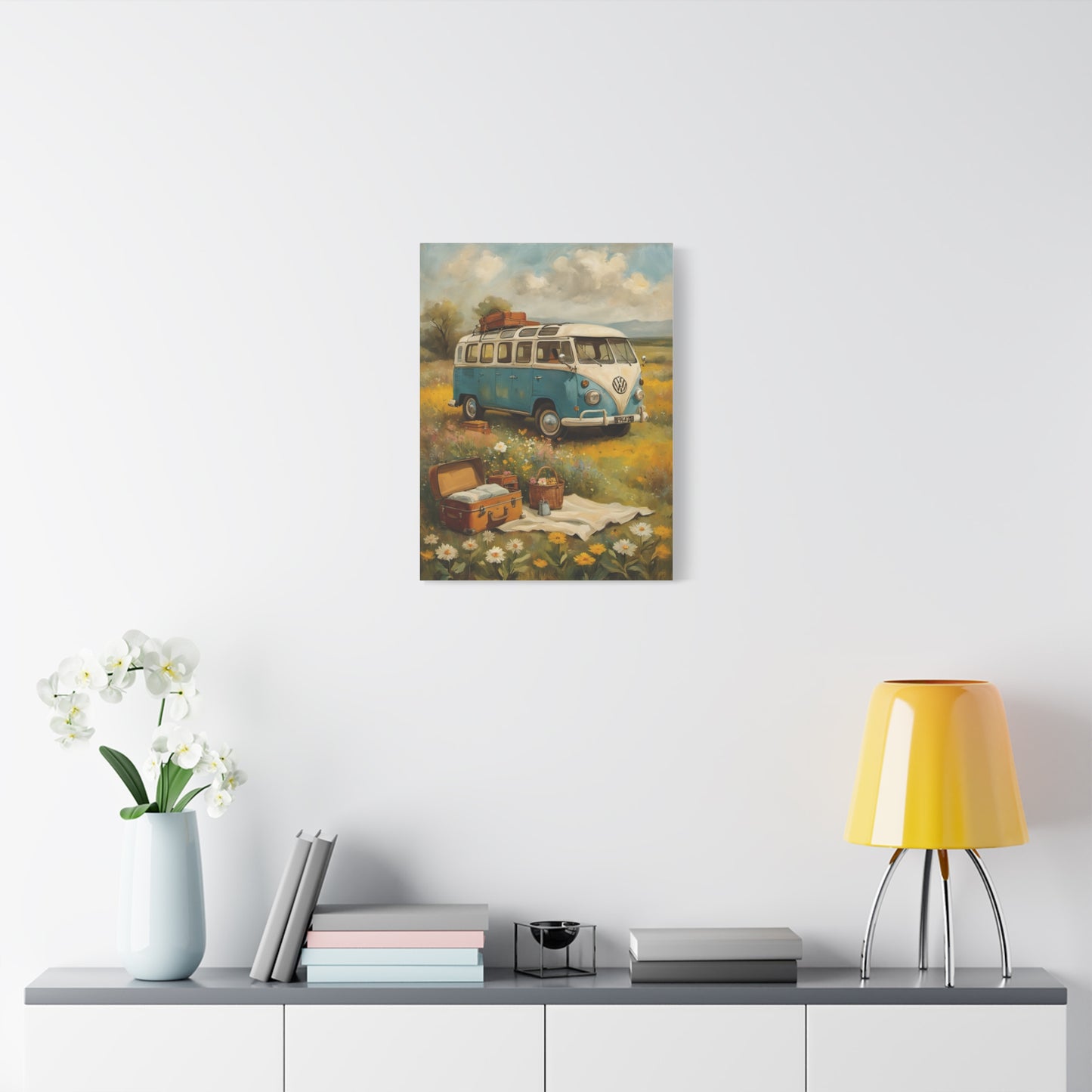 Vintage Van Bus Canvas Print featuring a classic blue van in a scenic outdoor setting