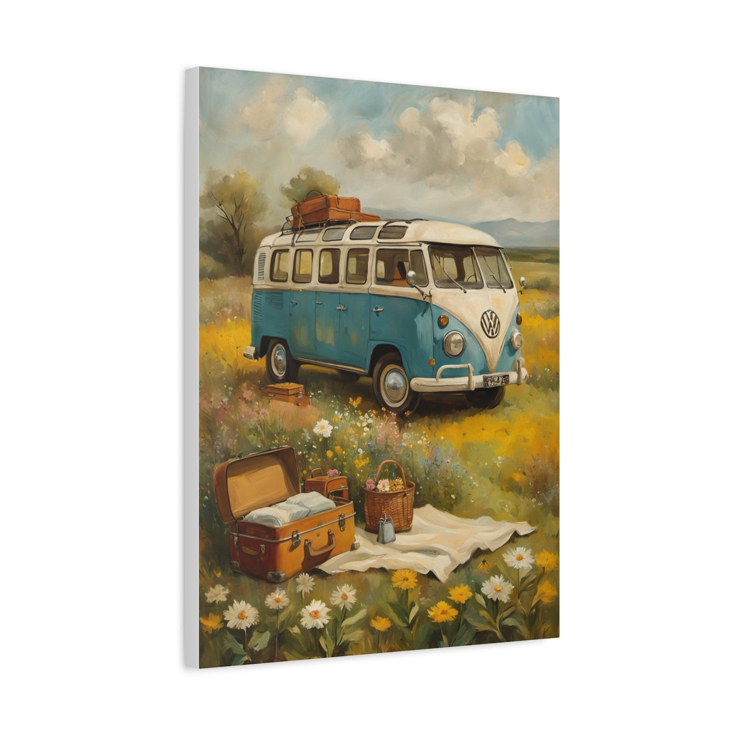 Vintage Van Bus Canvas Print featuring a classic blue van in a flower-filled landscape