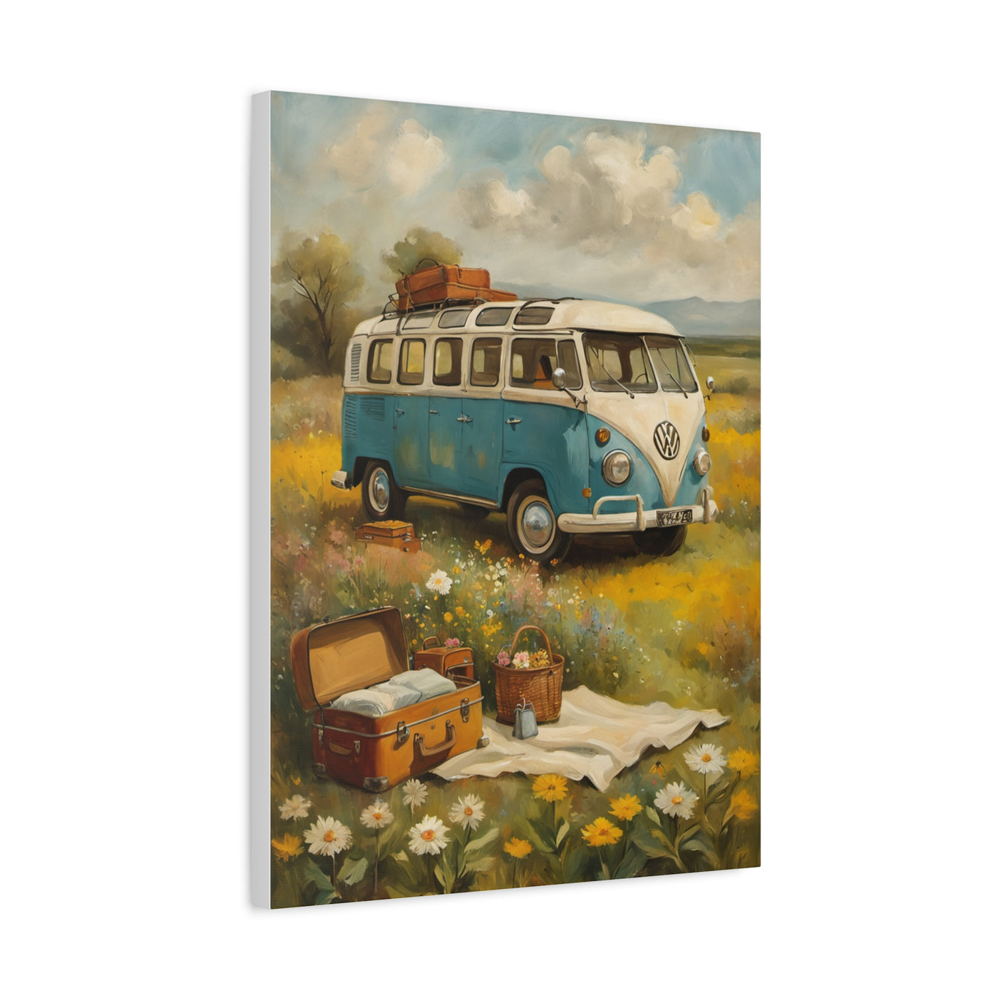 Vintage Van Bus Canvas Print featuring a classic blue van in a flower-filled landscape