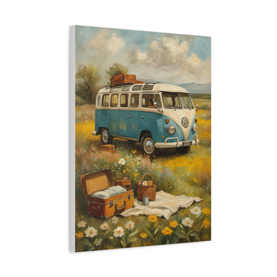 Vintage Van Bus Canvas Print featuring a classic blue van in a flower-filled landscape