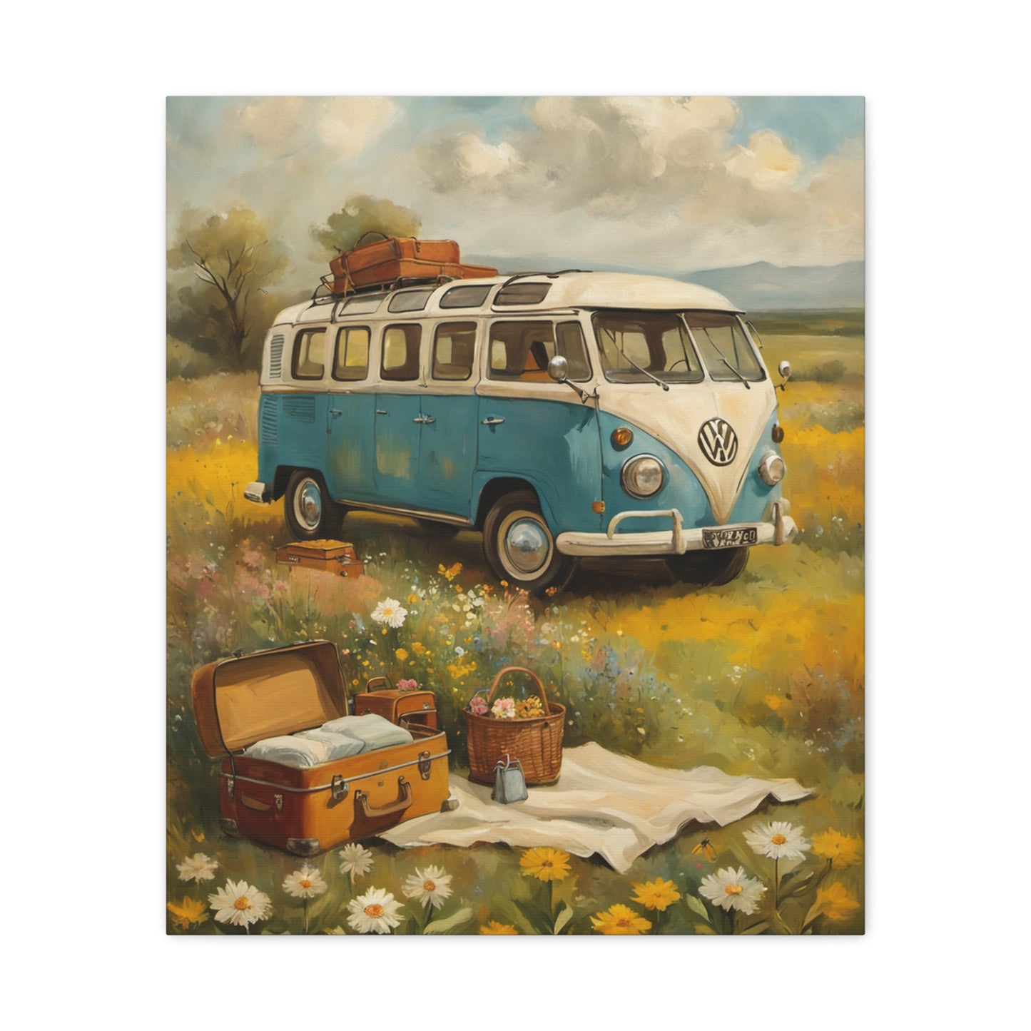 Vintage Van Bus Canvas Print showing a classic blue van in a flower field with picnic setup