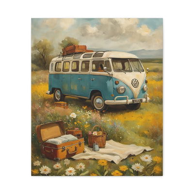 Vintage Van Bus Canvas Print showing a classic blue van in a flower field with picnic setup