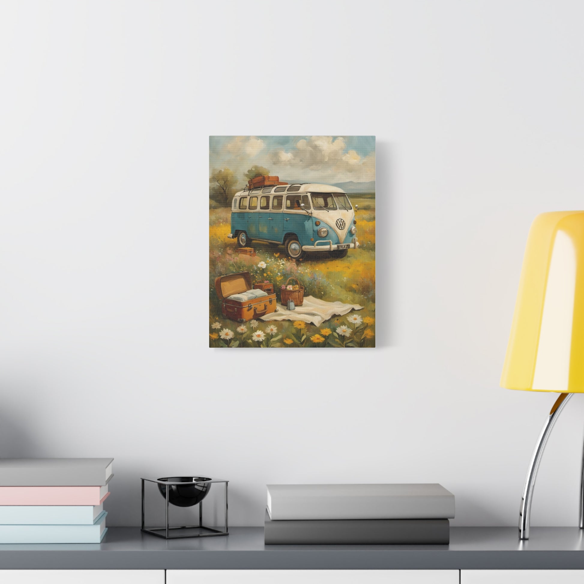 Vintage Van Bus Canvas Print featuring a classic van in a flower field with picnic items