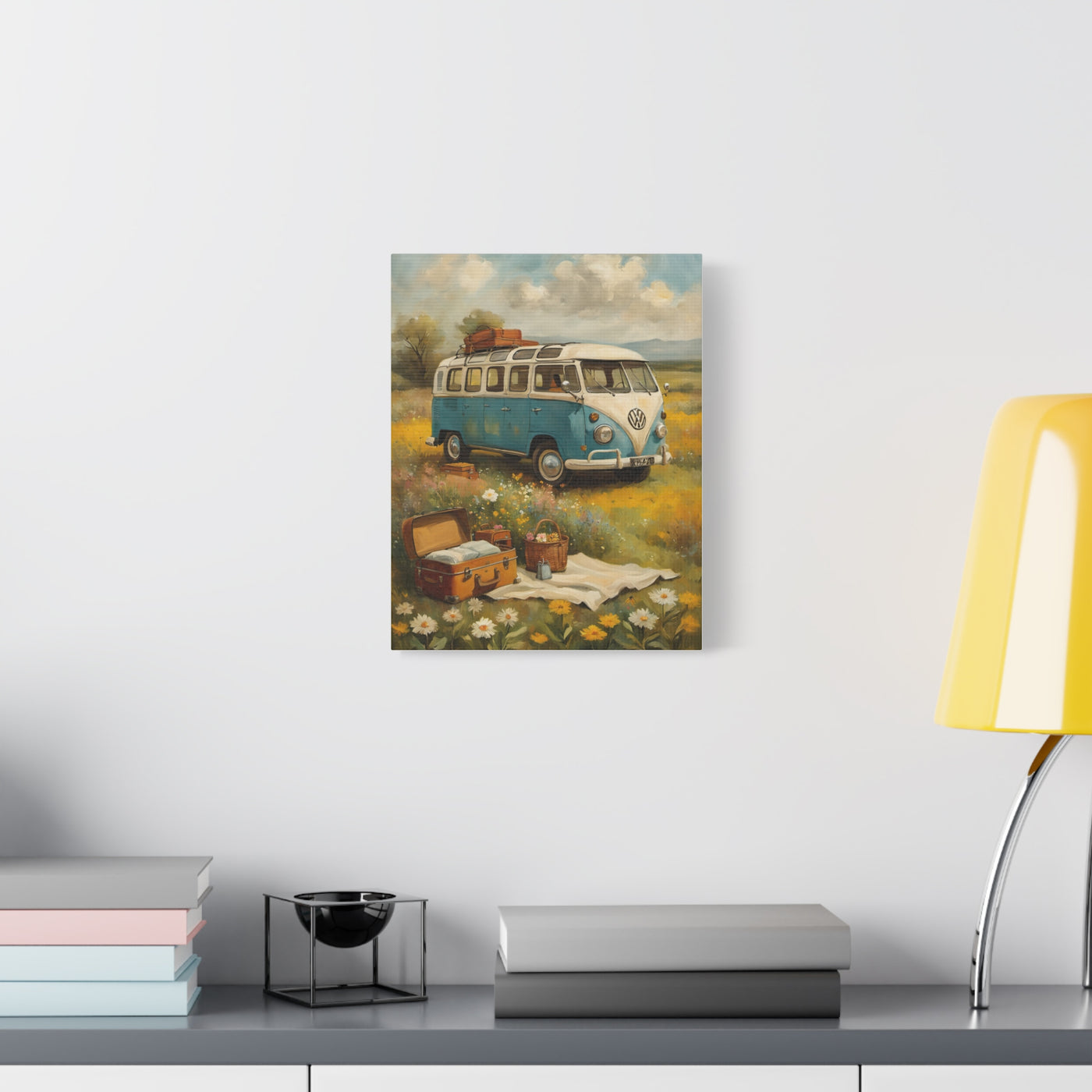Vintage Van Bus Canvas Print featuring a classic van in a flower field with picnic items