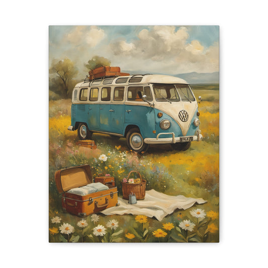 Vintage Van Bus Canvas Print featuring a classic blue van surrounded by wildflowers and picnic items