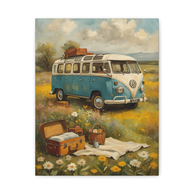 Vintage Van Bus Canvas Print featuring a classic blue van surrounded by wildflowers and picnic items