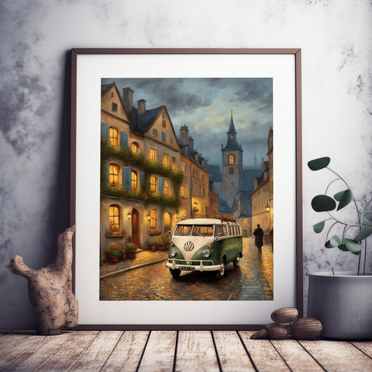 Vintage van oil painting featuring a green Volkswagen van on a cobblestone street in a European village at dusk