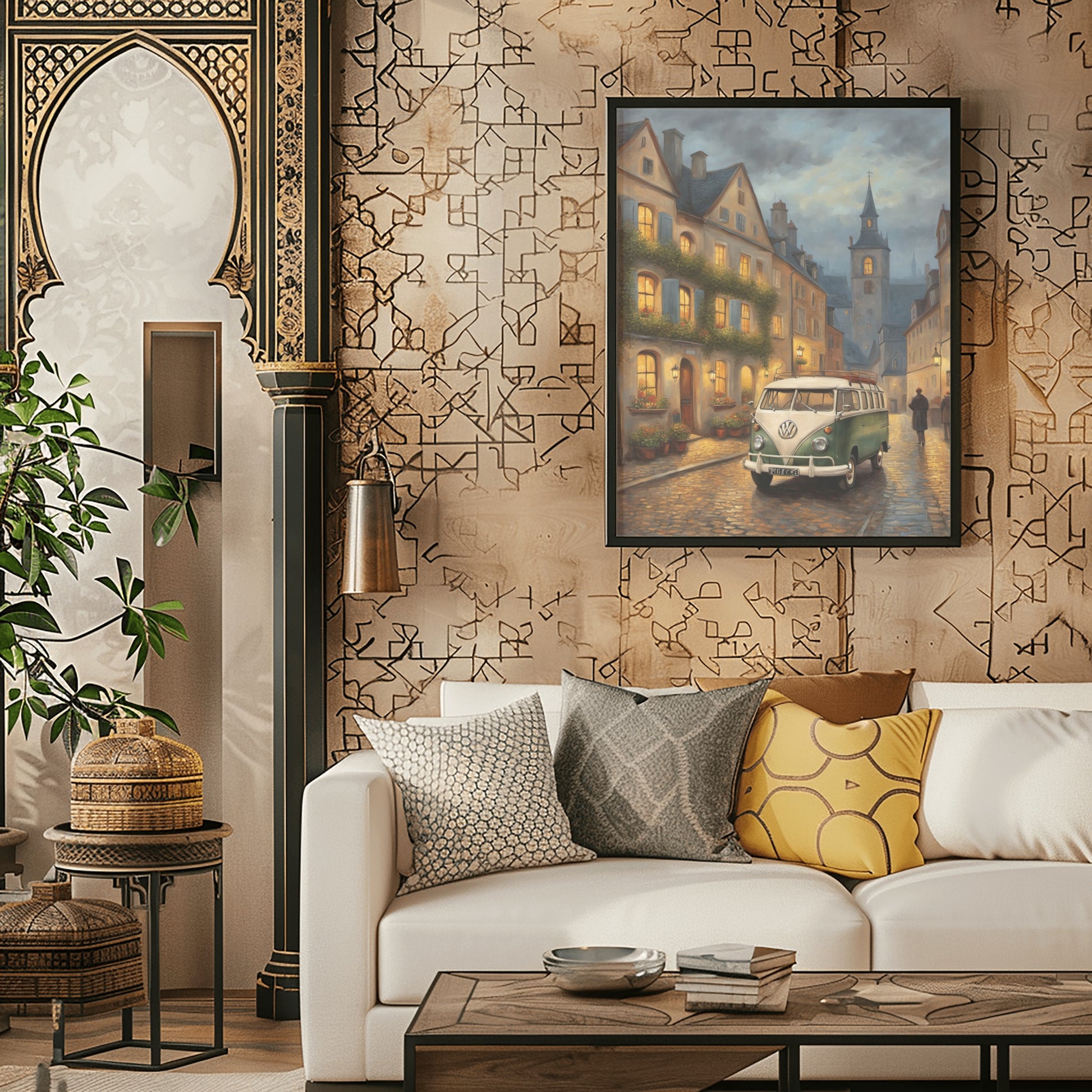 Framed vintage van oil painting hanging in a stylish living room with geometric wallpaper and modern decor