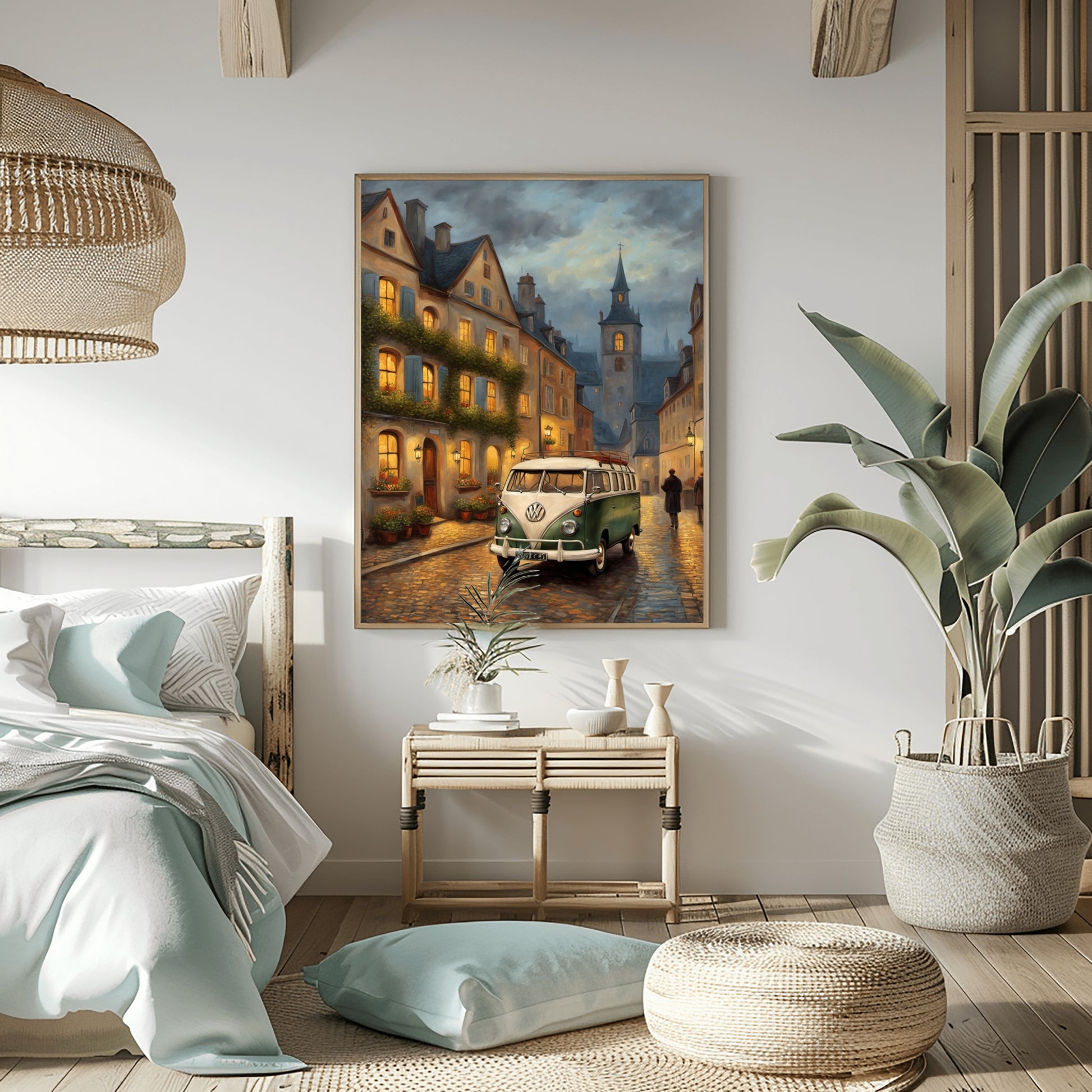Vintage van oil painting by AquilVision displayed in cozy bedroom with soft lighting and modern decor
