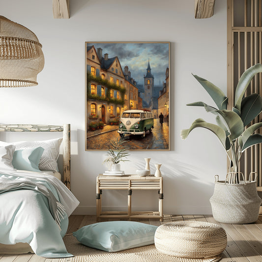 Vintage van oil painting by AquilVision displayed in cozy bedroom with soft lighting and modern decor