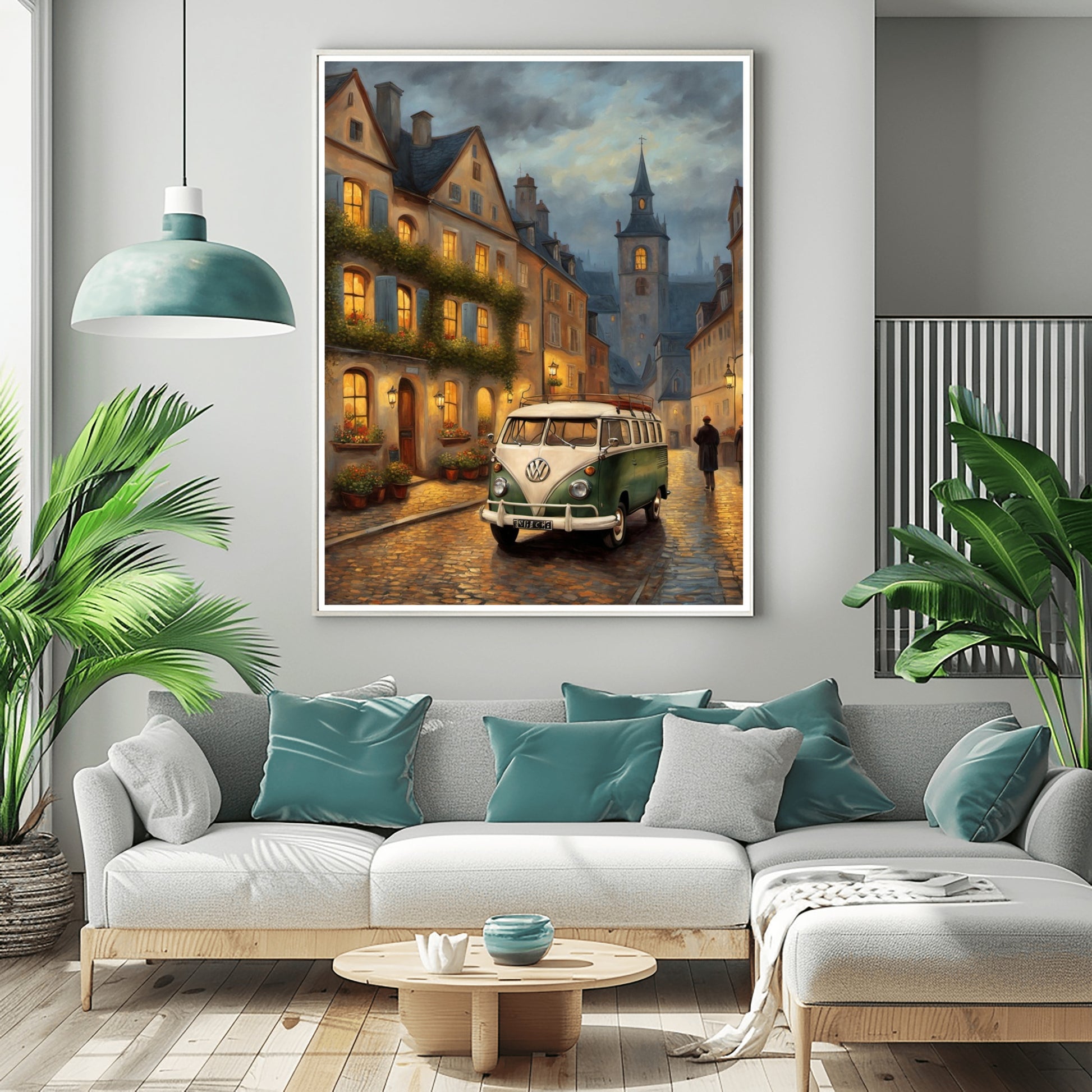 Vintage van oil painting of a green and white van on a cobblestone street in a European village at dusk
