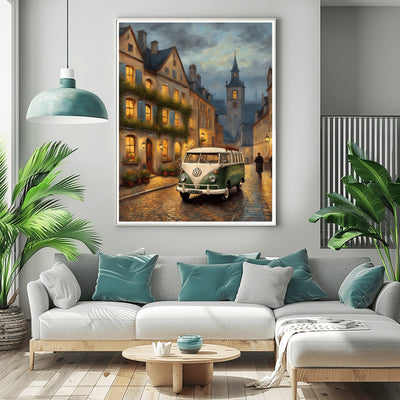 Vintage van oil painting of a green and white van on a cobblestone street in a European village at dusk