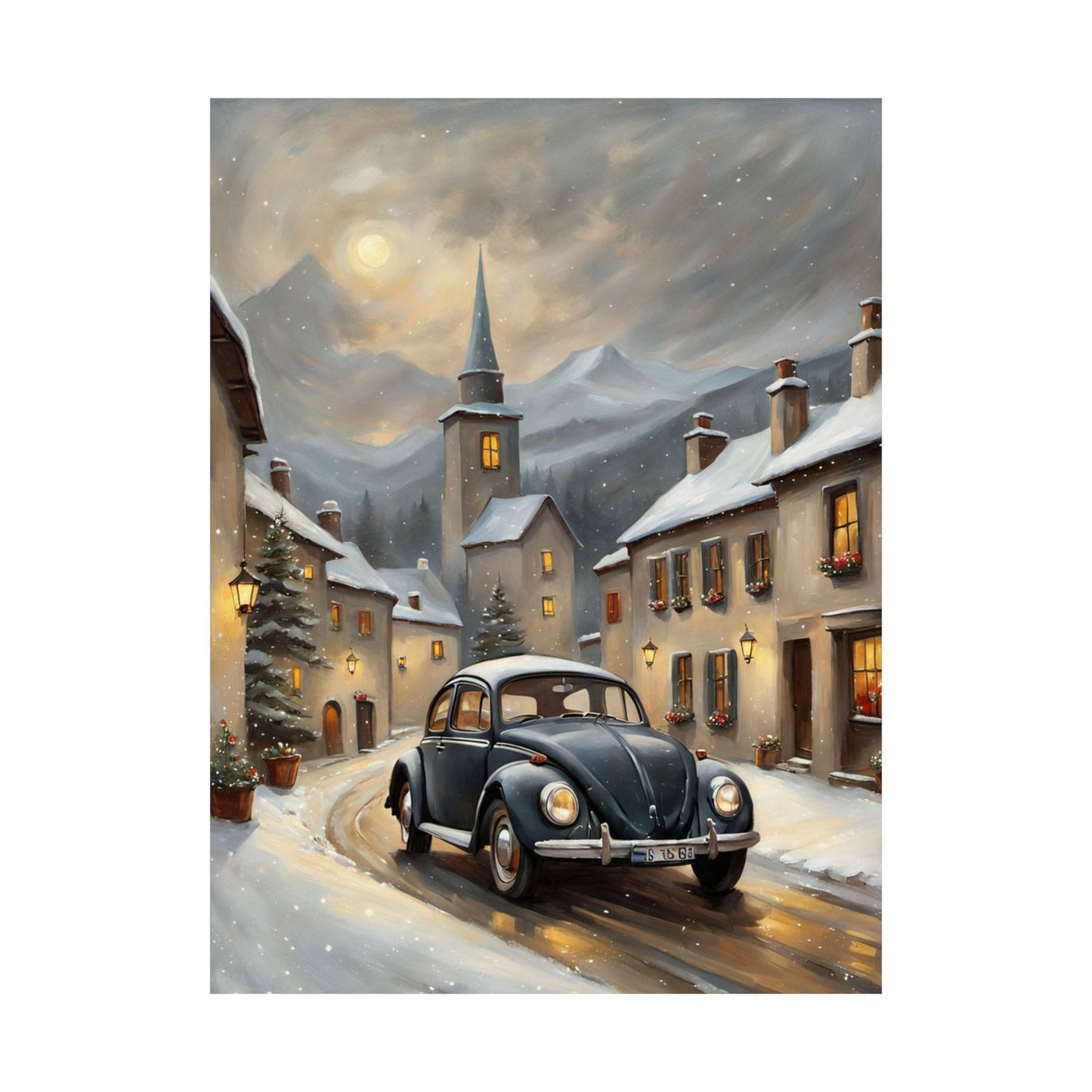 Vintage winter car poster featuring a classic car driving through a snowy village with a church tower