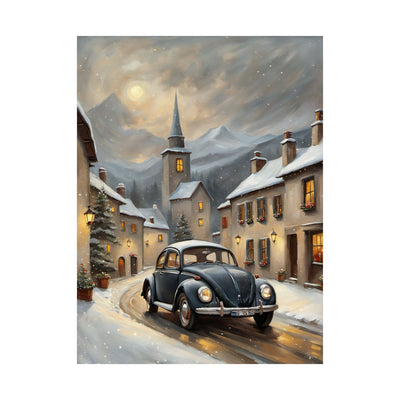 Vintage winter car poster featuring a classic car driving through a snowy village with a church tower