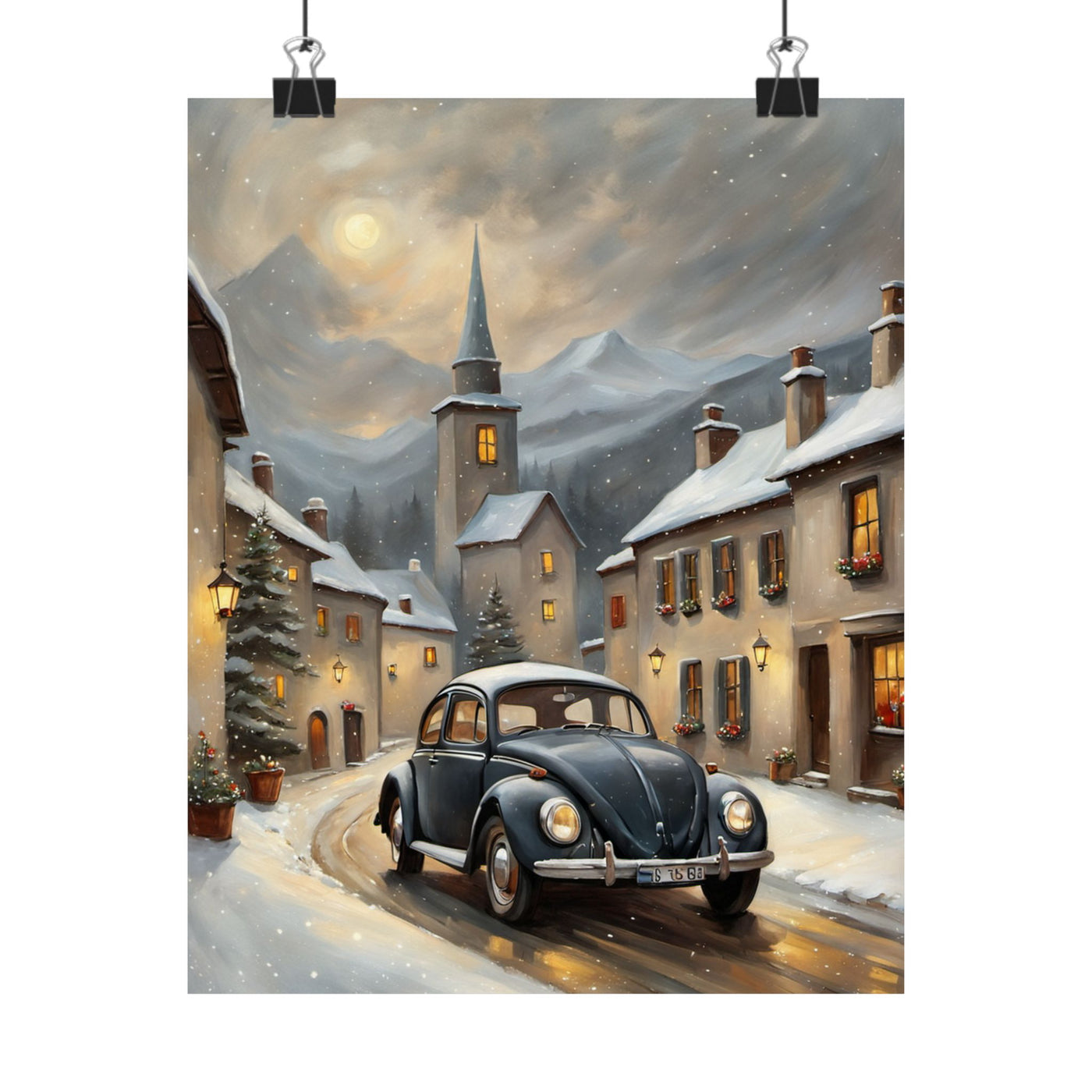 Vintage winter car poster featuring a classic car in a snowy village landscape